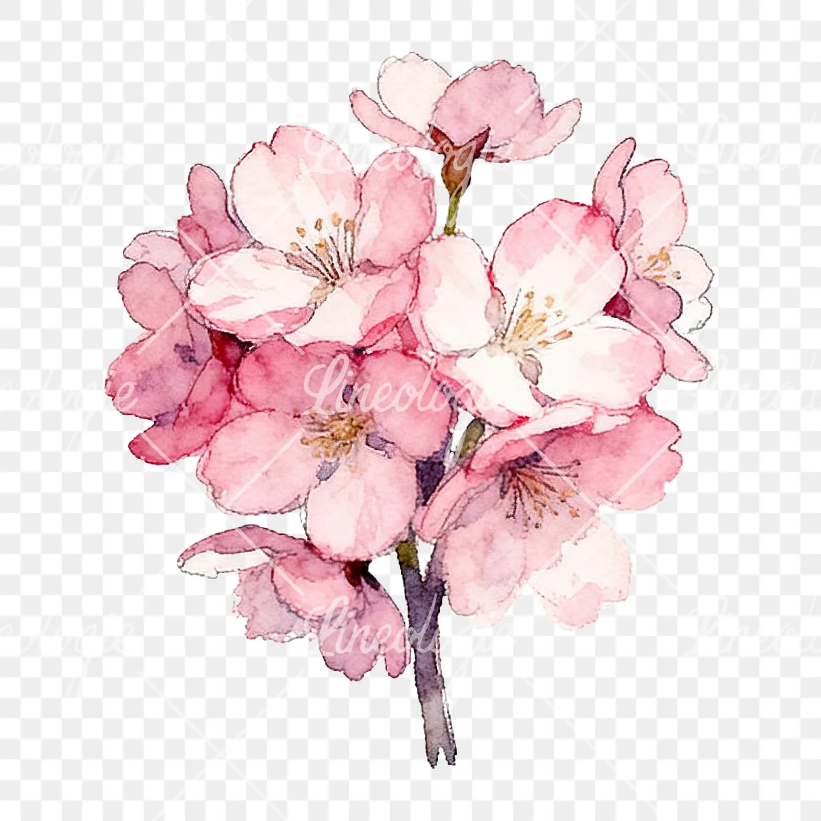 Watercolor pink cherry blossom bouquet clipart 8 of 9 on a transparent background (PNG)