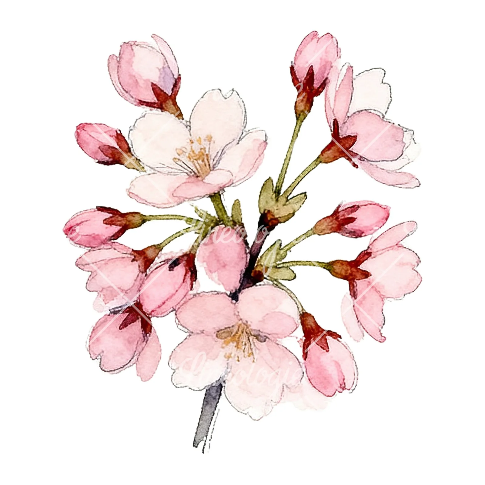 Watercolor pink cherry blossom bouquet clipart 9 of 9 on a white background (JPG)