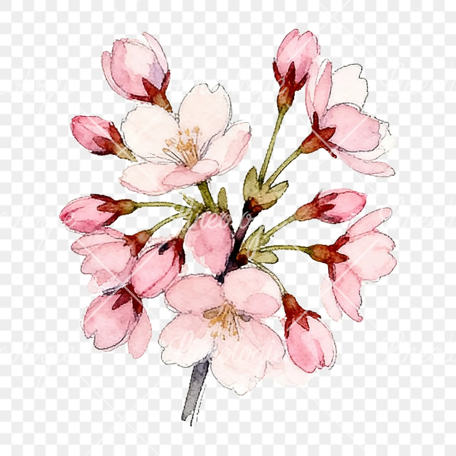 Watercolor pink cherry blossom bouquet clipart 9 of 9 on a transparent background (PNG)