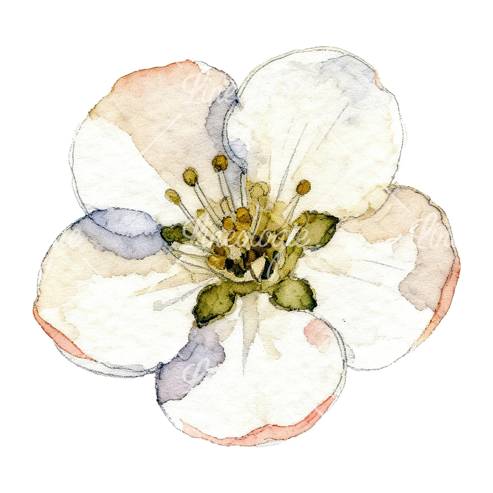 Watercolor red and cream cherry blossom clipart 1 of 9 on a white background (JPG)