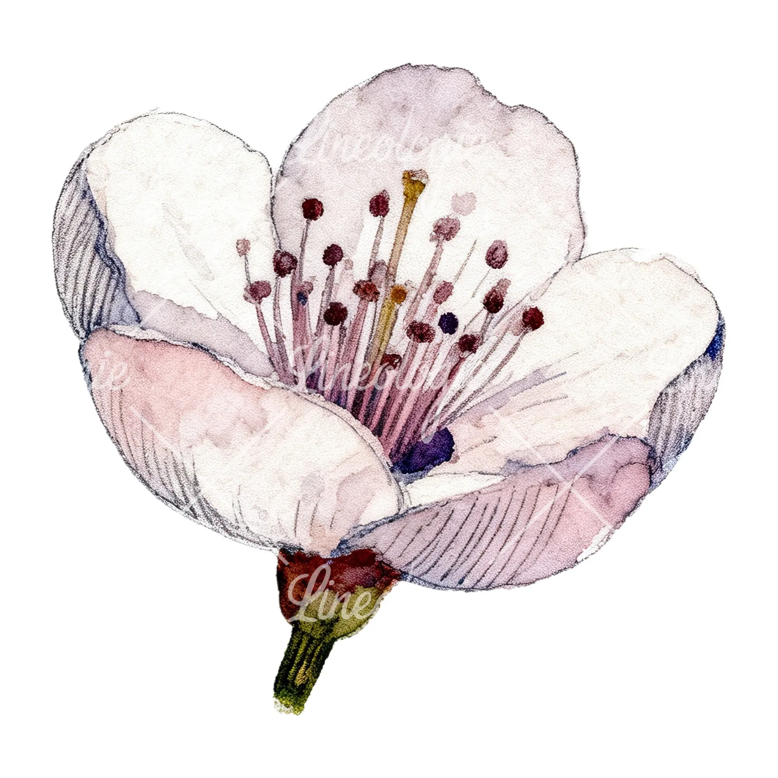 Watercolor red and cream cherry blossom clipart 3 of 9 on a white background (JPG)