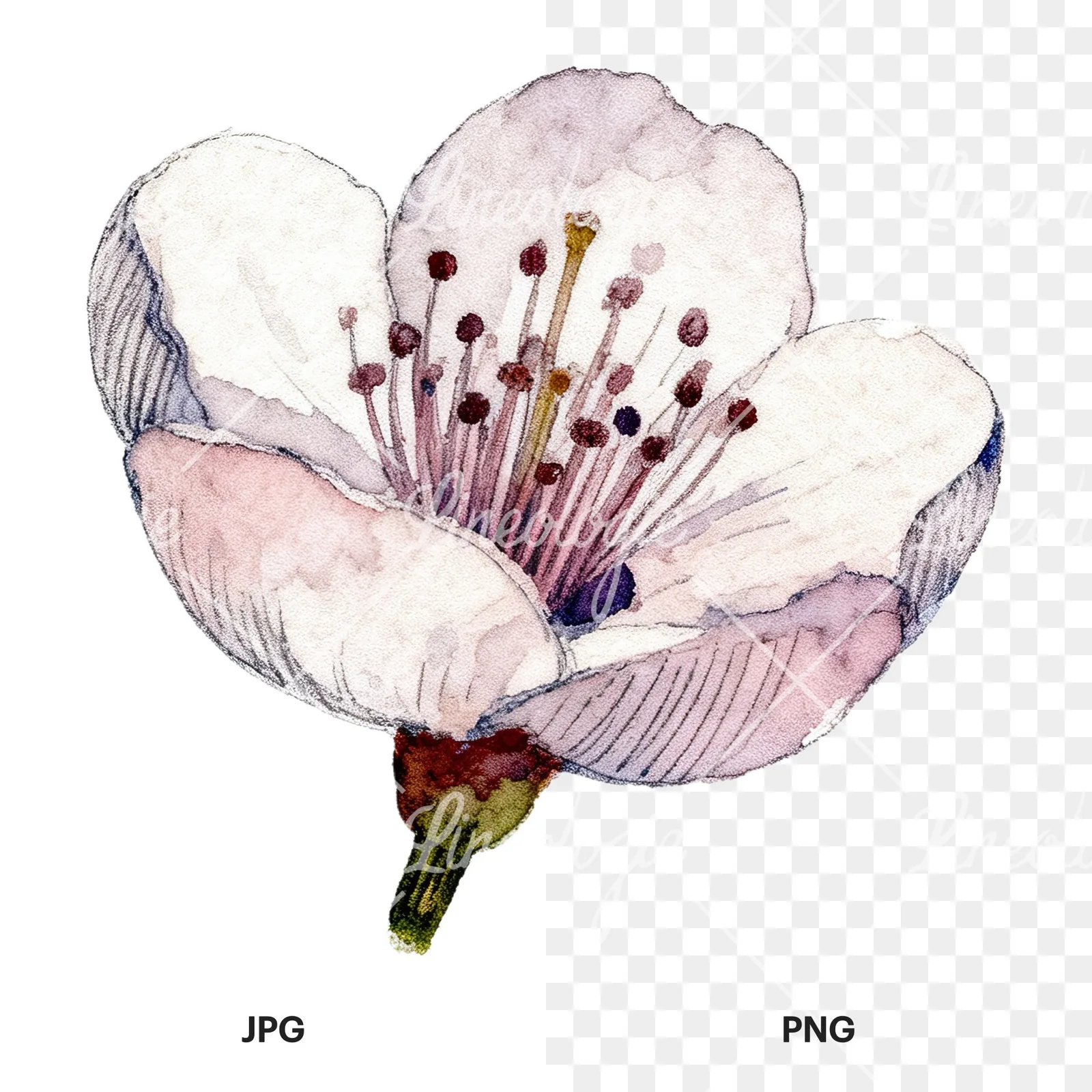 Watercolor red and cream cherry blossom clipart 3 of 9, as a JPG on white and a transparent PNG