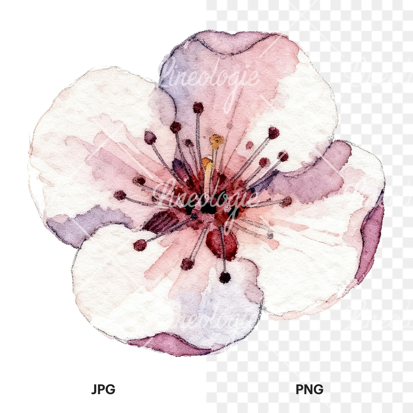 Watercolor red and cream cherry blossom clipart 5 of 9, as a JPG on white and a transparent PNG