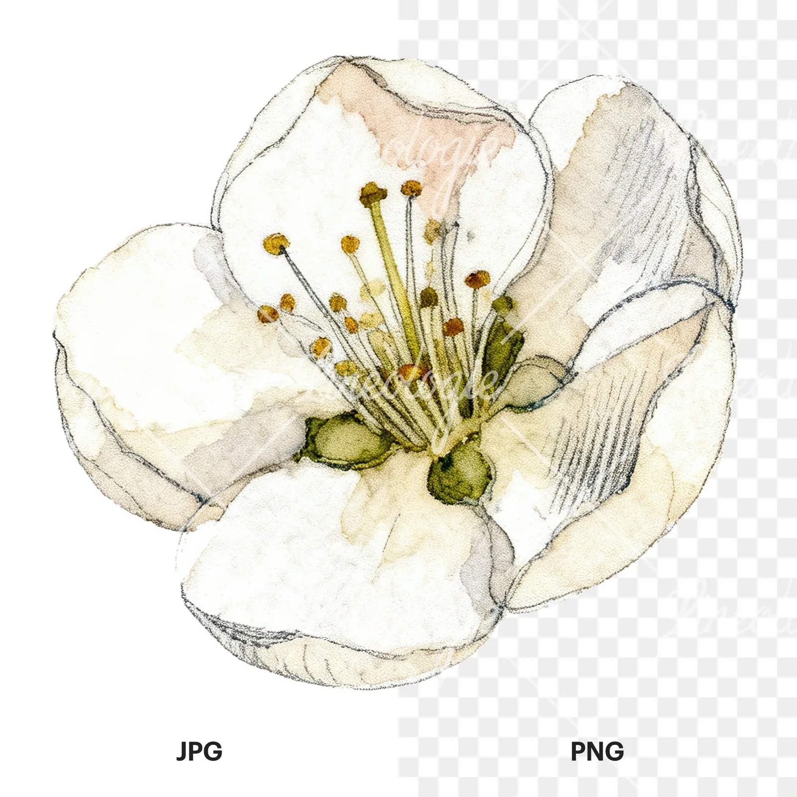 Watercolor red and cream cherry blossom clipart 6 of 9, as a JPG on white and a transparent PNG