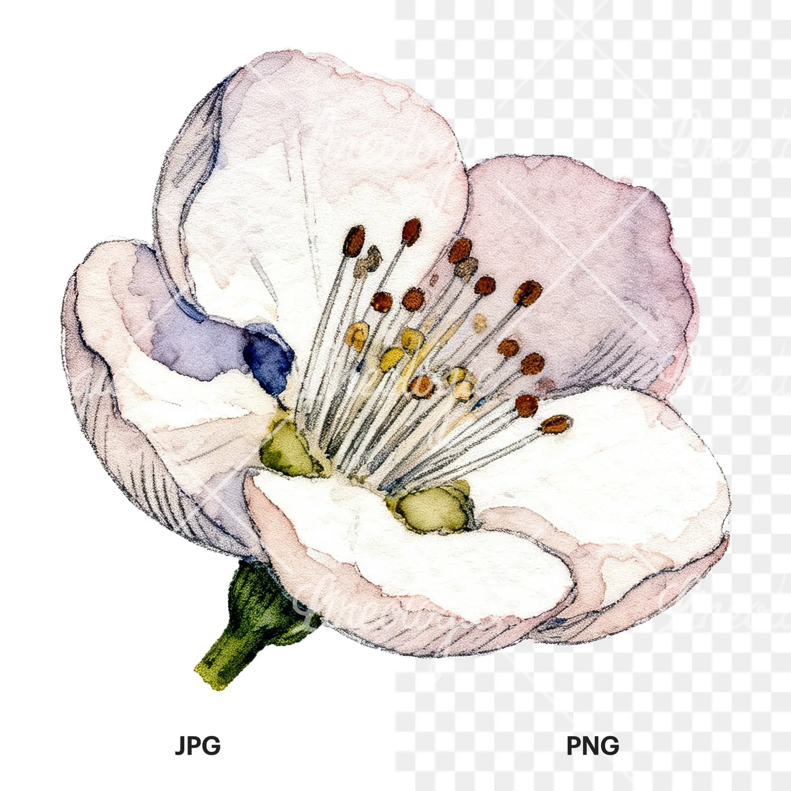 Watercolor red and cream cherry blossom clipart 7 of 9, as a JPG on white and a transparent PNG