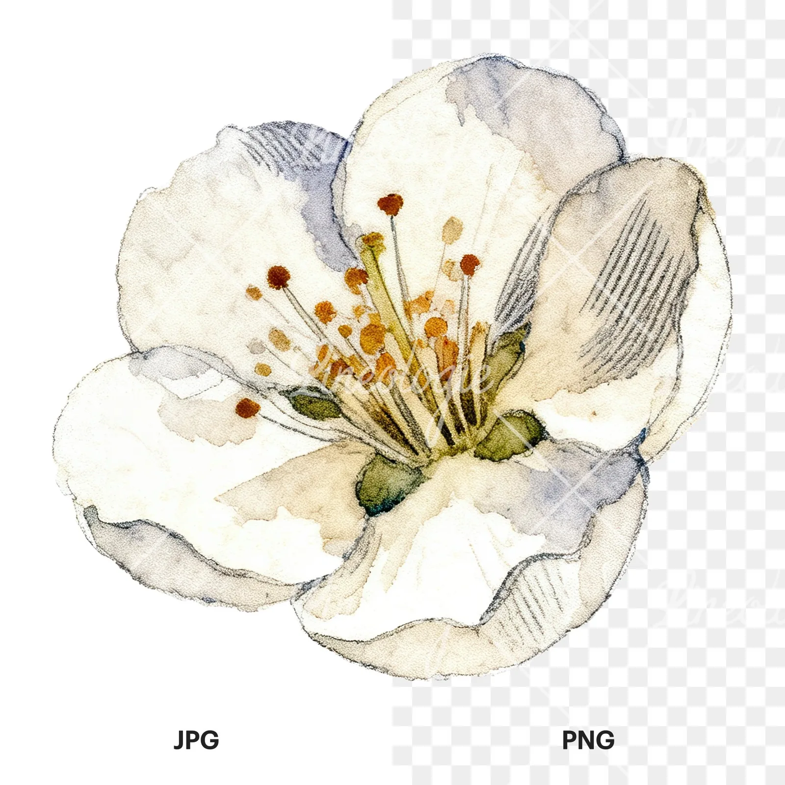 Watercolor red and cream cherry blossom clipart 8 of 9, as a JPG on white and a transparent PNG