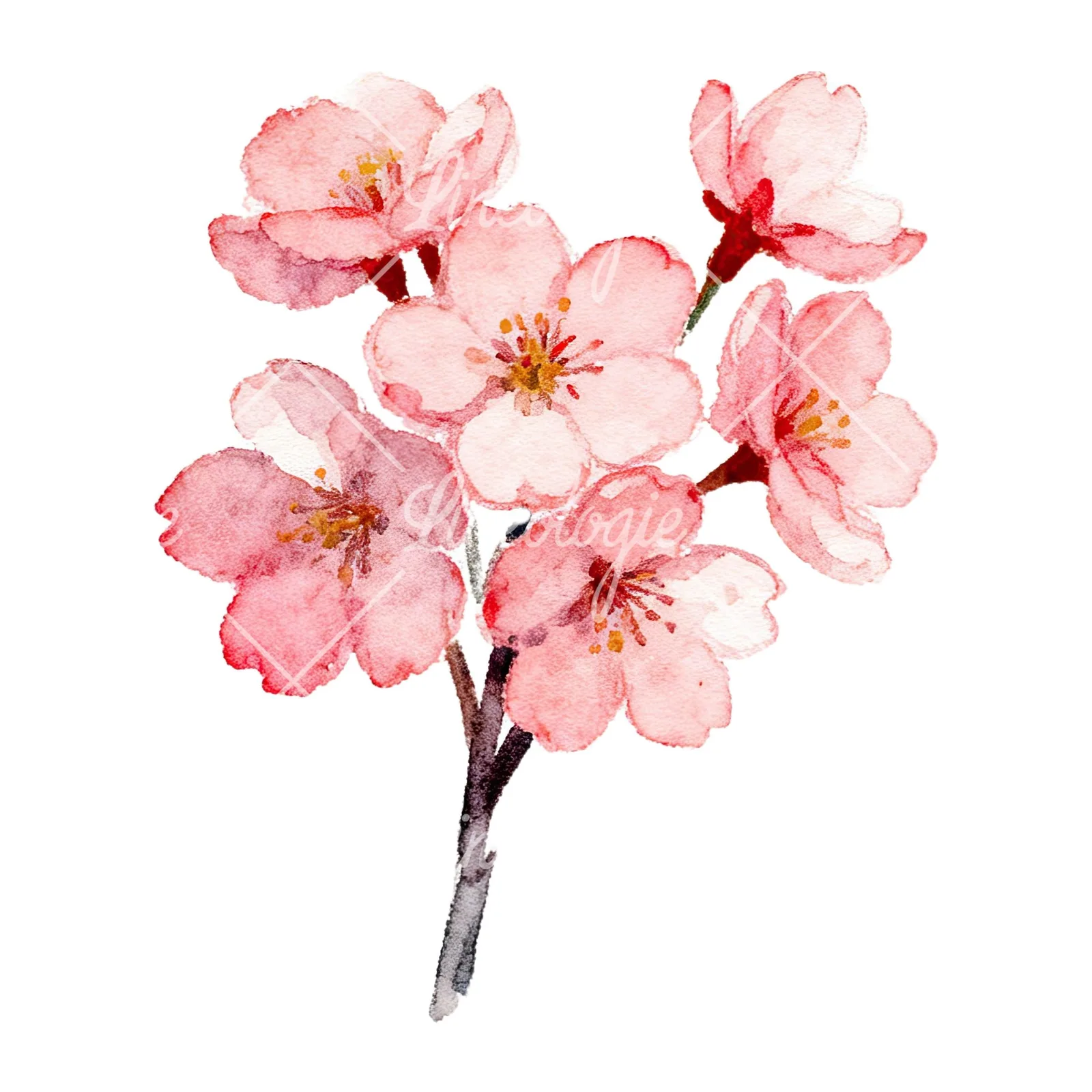 Watercolor purple and pink cherry blossom bouquet clipart 1 of 9 on a white background (JPG)