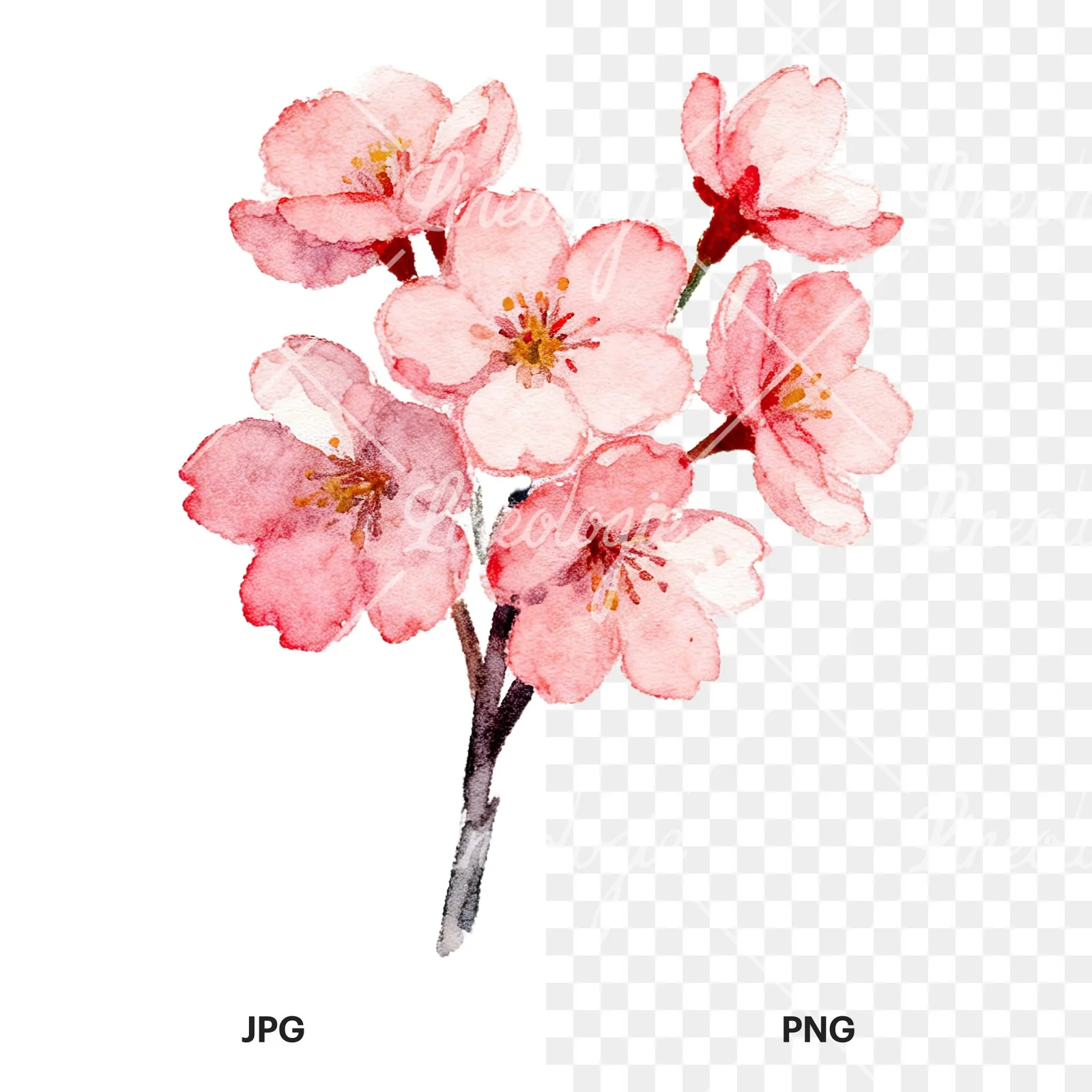 Watercolor purple and pink cherry blossom bouquet clipart 1 of 9, as a JPG on white and a transparent PNG