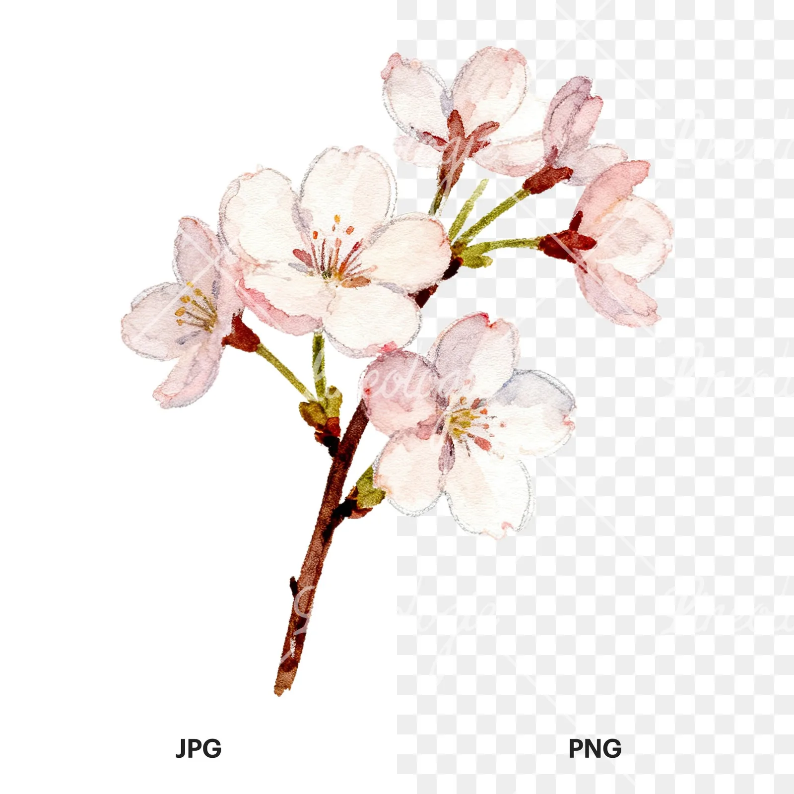 Watercolor purple and pink cherry blossom bouquet clipart 2 of 9, as a JPG on white and a transparent PNG