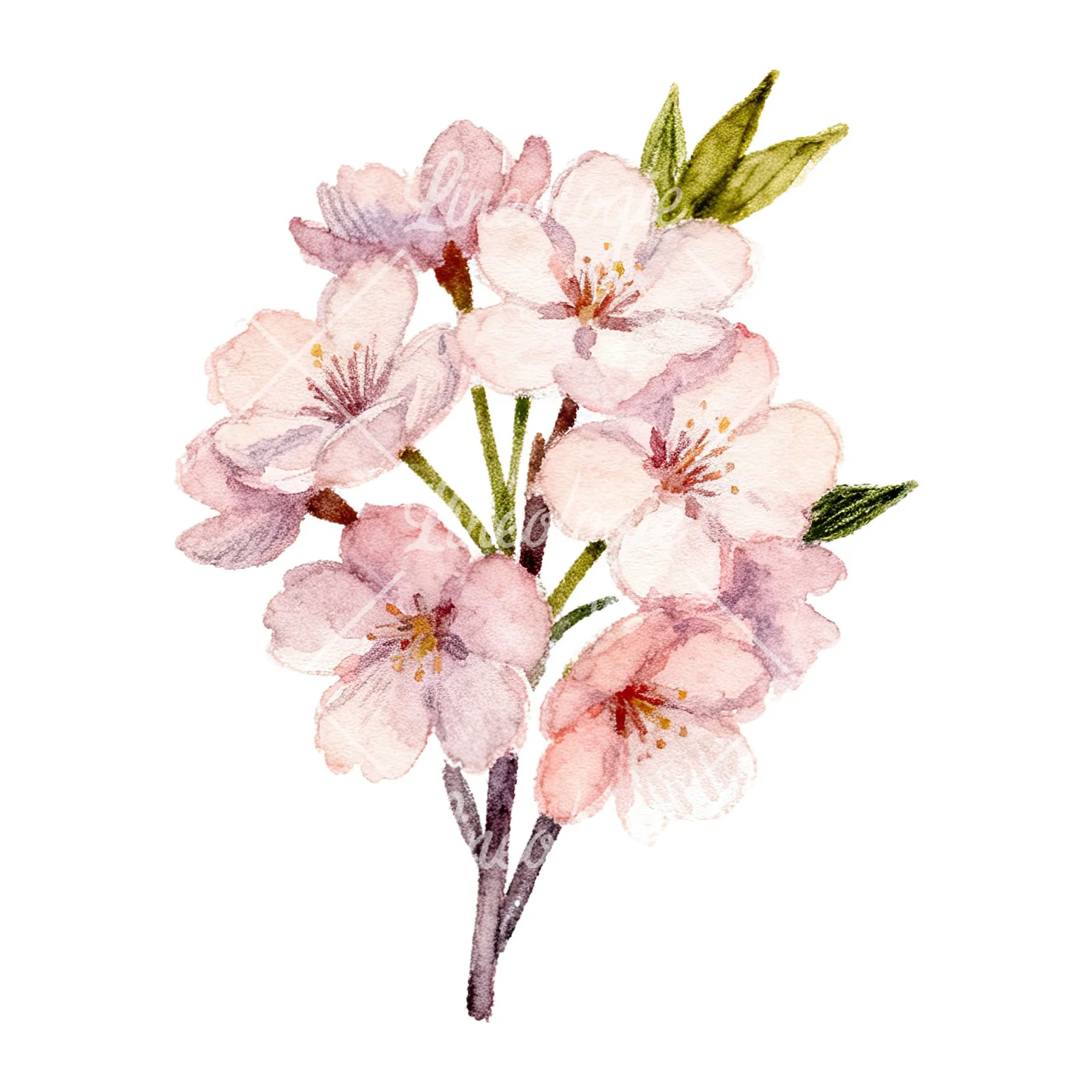 Watercolor purple and pink cherry blossom bouquet clipart 3 of 9 on a white background (JPG)