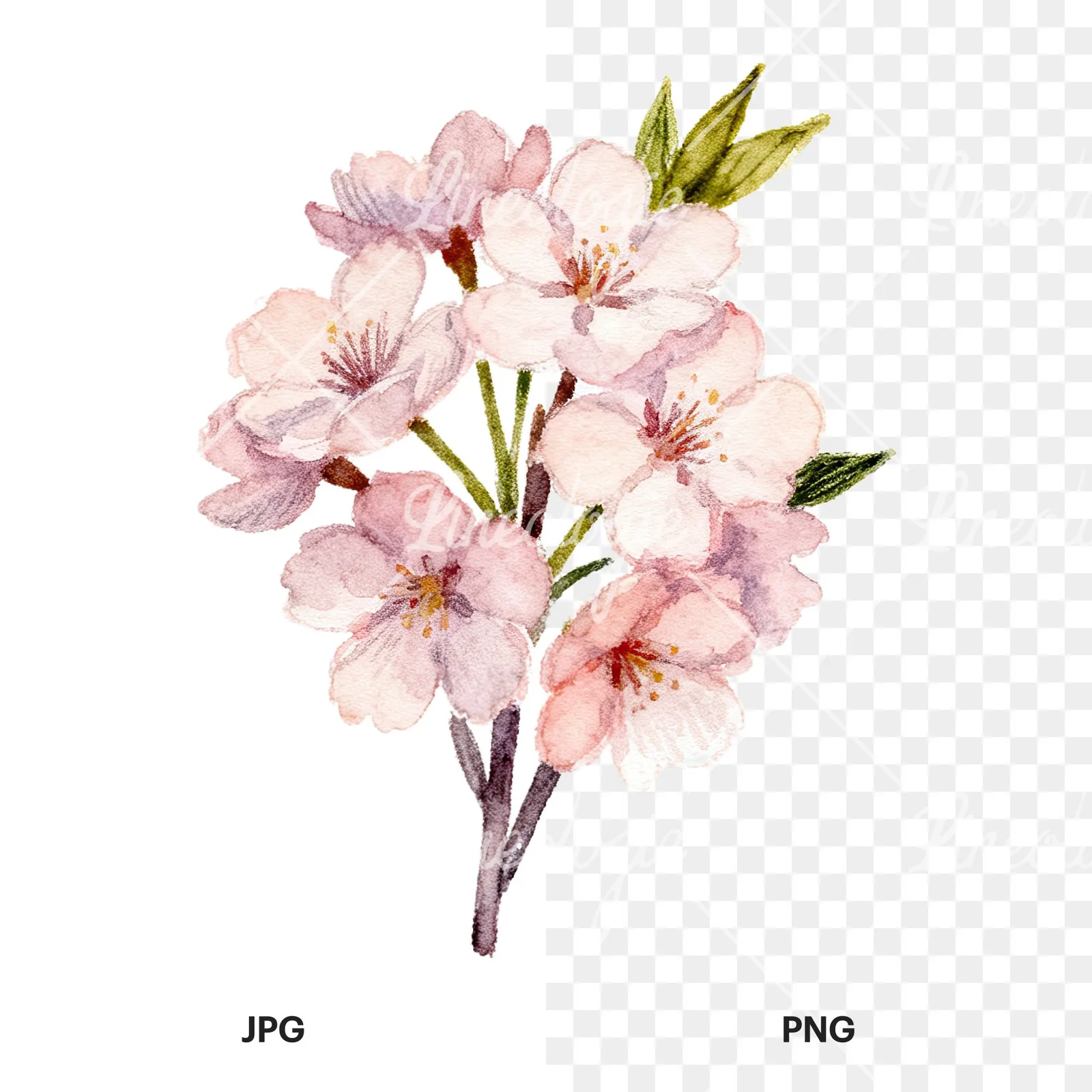 Watercolor purple and pink cherry blossom bouquet clipart 3 of 9, as a JPG on white and a transparent PNG