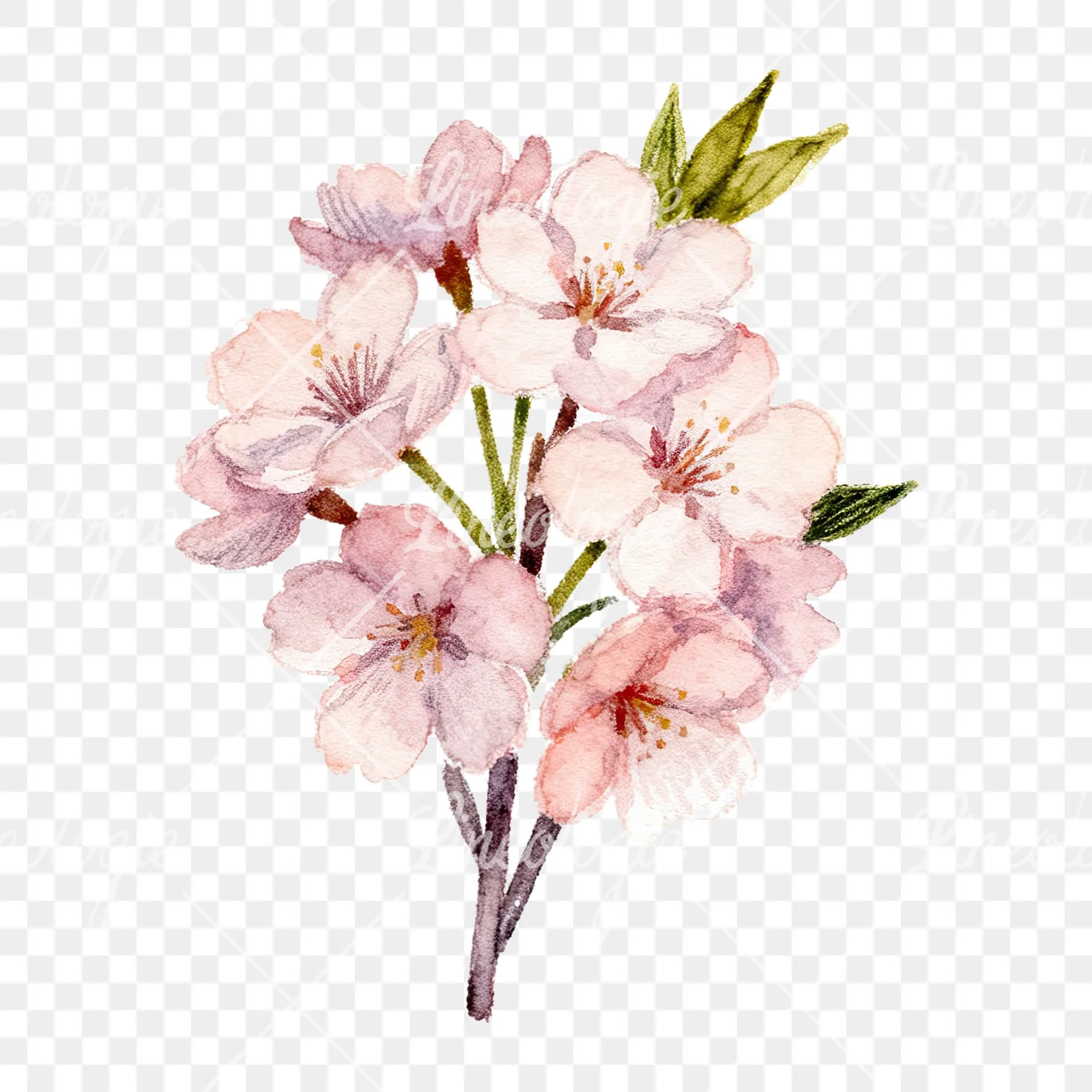 Watercolor purple and pink cherry blossom bouquet clipart 3 of 9 on a transparent background (PNG)