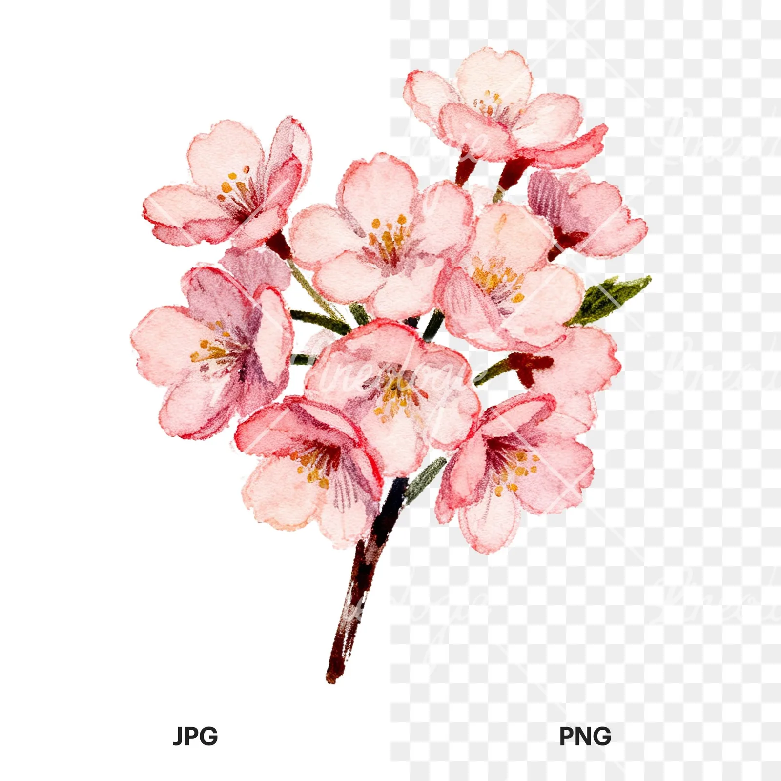 Watercolor purple and pink cherry blossom bouquet clipart 4 of 9, as a JPG on white and a transparent PNG