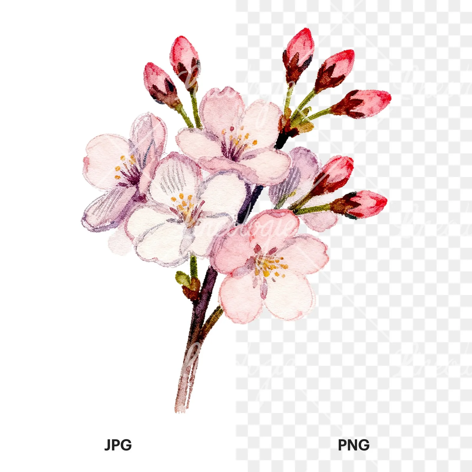 Watercolor purple and pink cherry blossom bouquet clipart 5 of 9, as a JPG on white and a transparent PNG