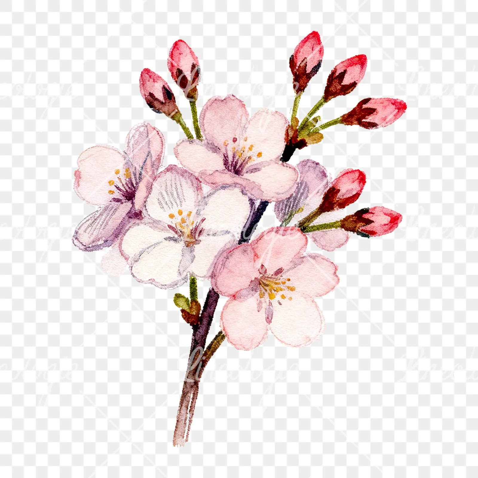 Watercolor purple and pink cherry blossom bouquet clipart 5 of 9 on a transparent background (PNG)