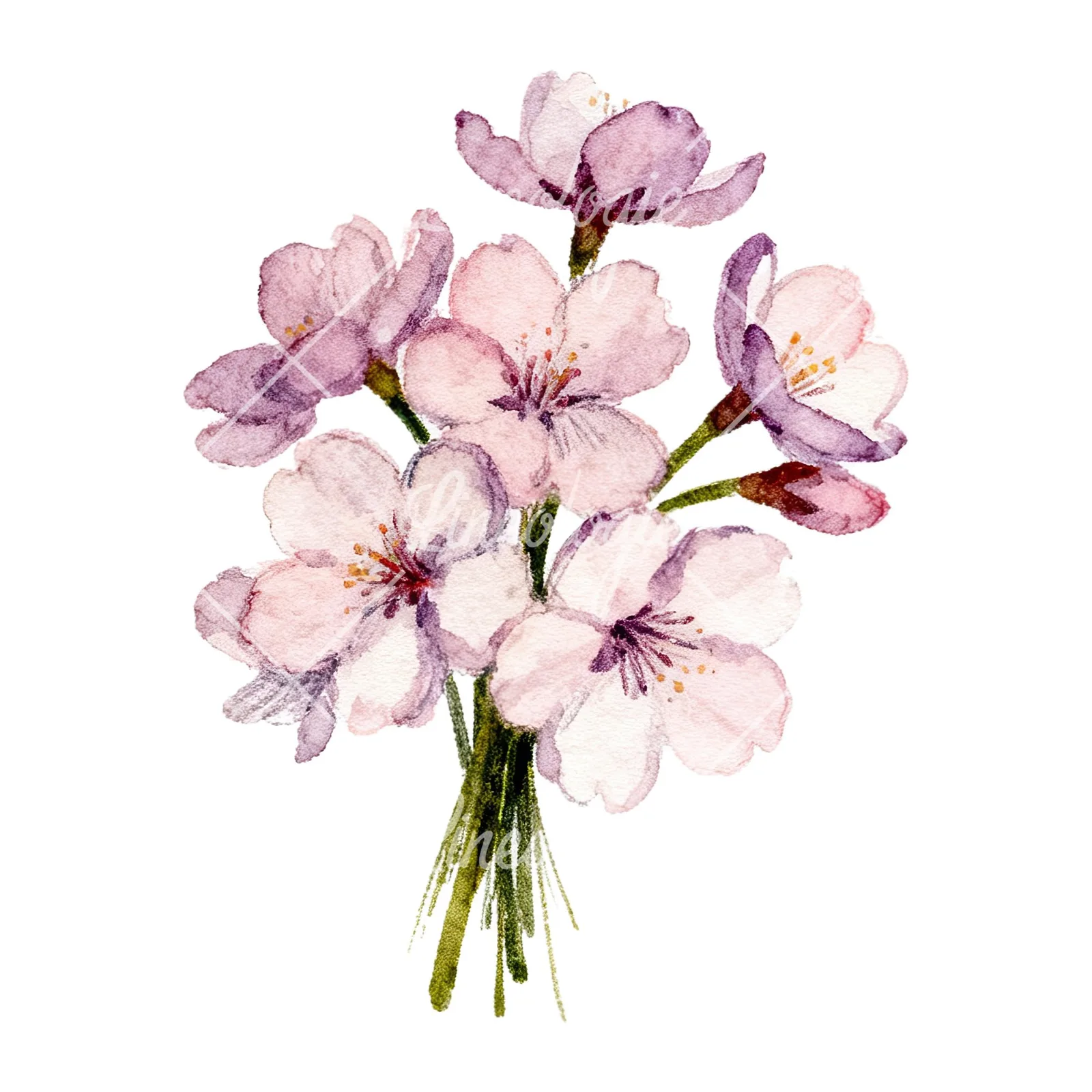 Watercolor purple and pink cherry blossom bouquet clipart 6 of 9 on a white background (JPG)