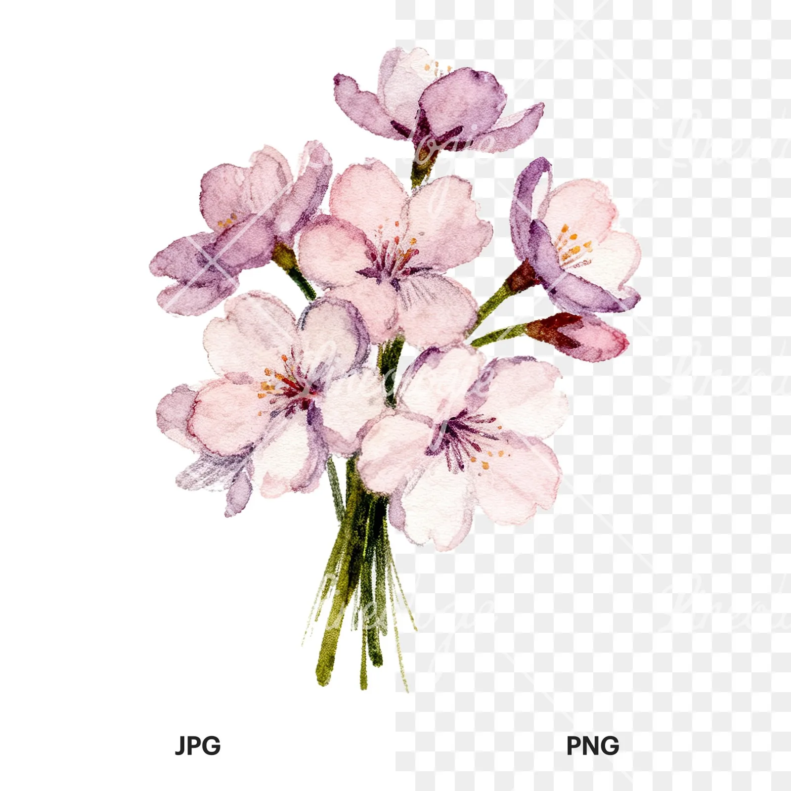 Watercolor purple and pink cherry blossom bouquet clipart 6 of 9, as a JPG on white and a transparent PNG