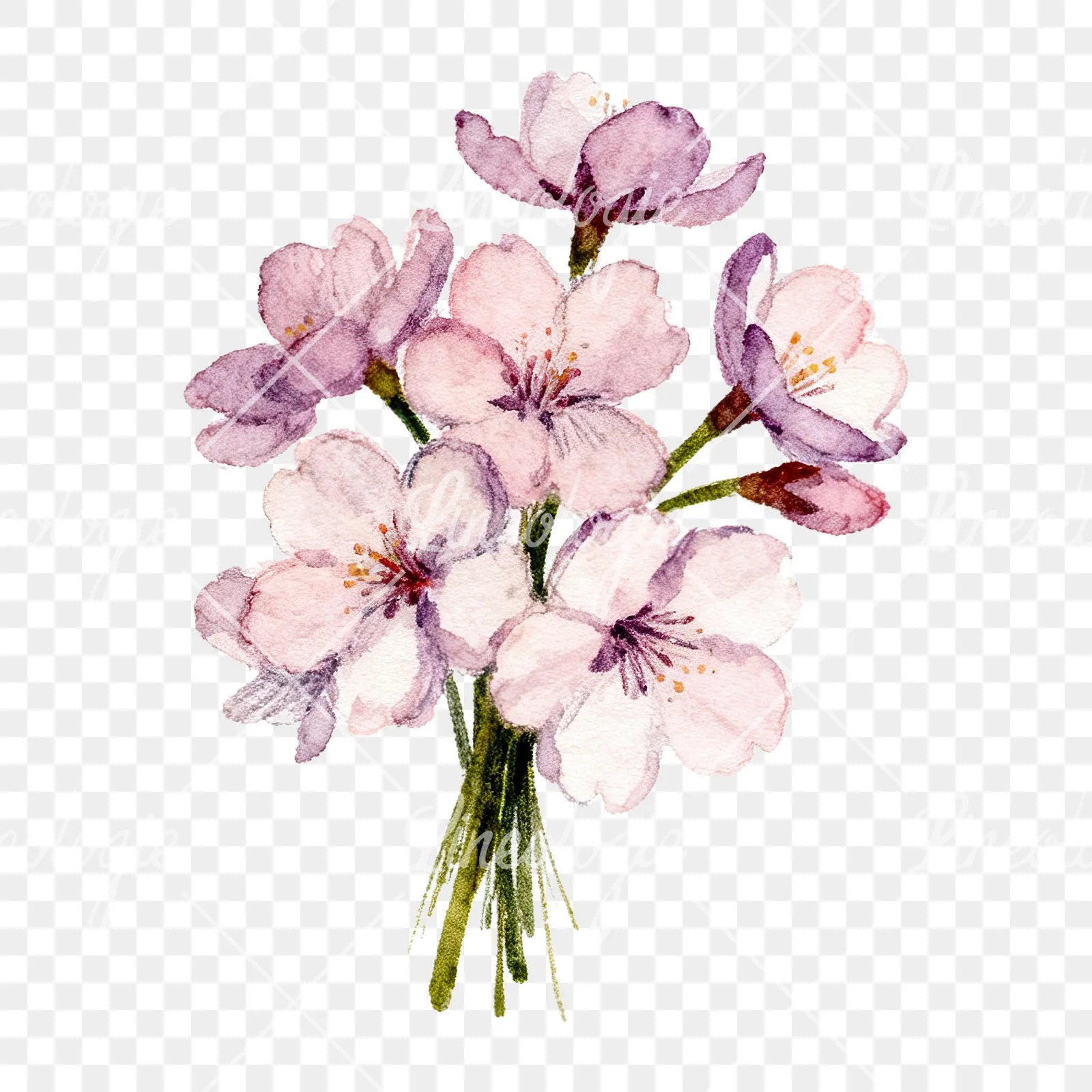 Watercolor purple and pink cherry blossom bouquet clipart 6 of 9 on a transparent background (PNG)