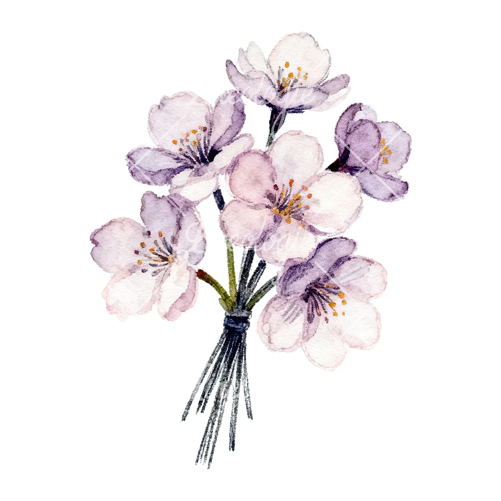 Watercolor purple and pink cherry blossom bouquet clipart 7 of 9 on a white background (JPG)
