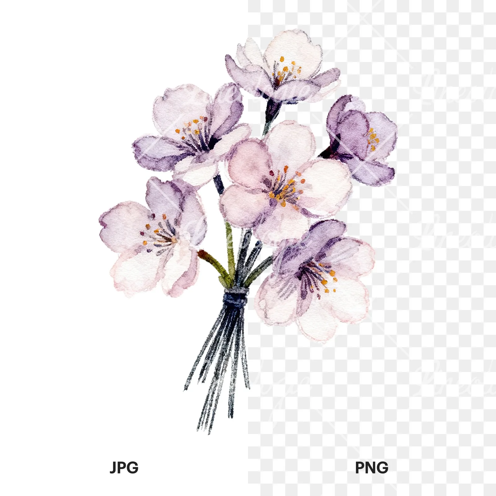 Watercolor purple and pink cherry blossom bouquet clipart 7 of 9, as a JPG on white and a transparent PNG