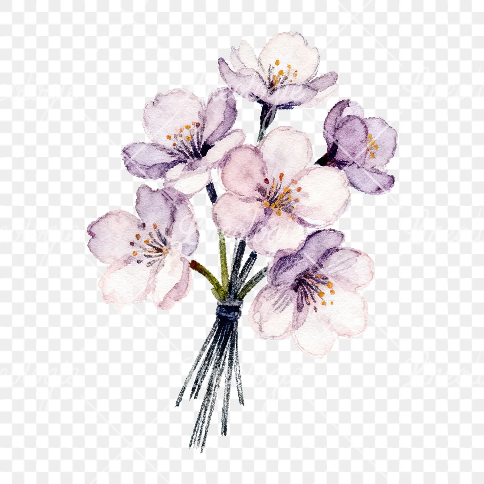 Watercolor purple and pink cherry blossom bouquet clipart 7 of 9 on a transparent background (PNG)