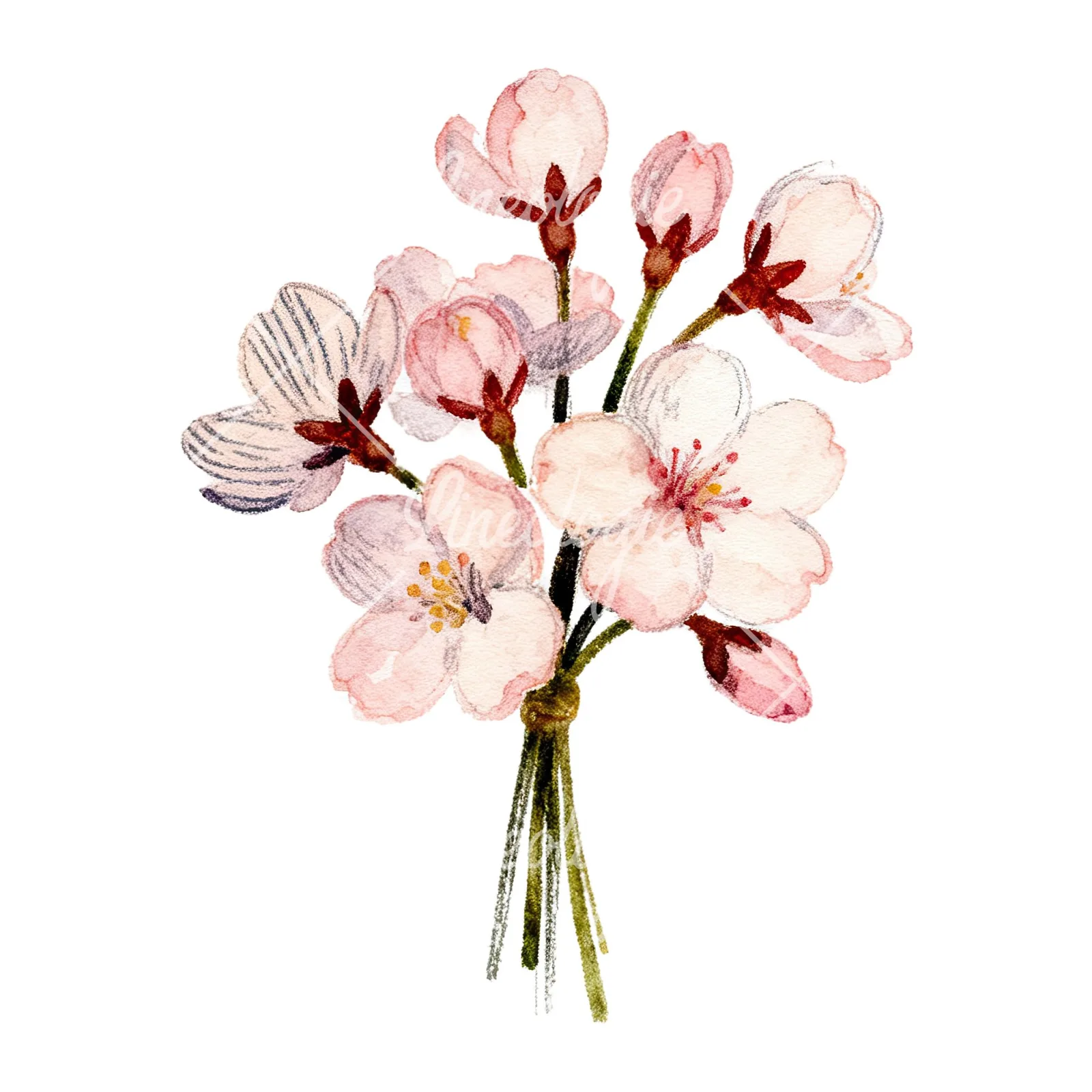 Watercolor purple and pink cherry blossom bouquet clipart 8 of 9 on a white background (JPG)