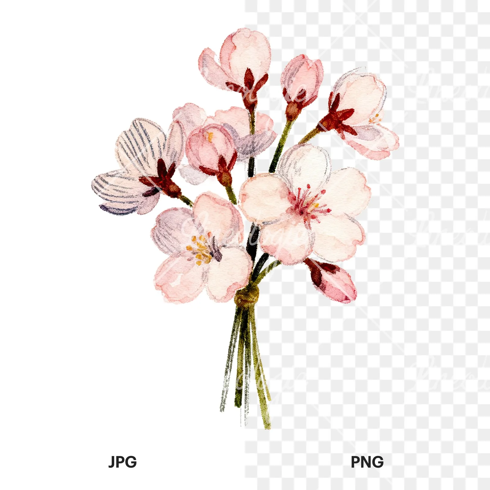 Watercolor purple and pink cherry blossom bouquet clipart 8 of 9, as a JPG on white and a transparent PNG