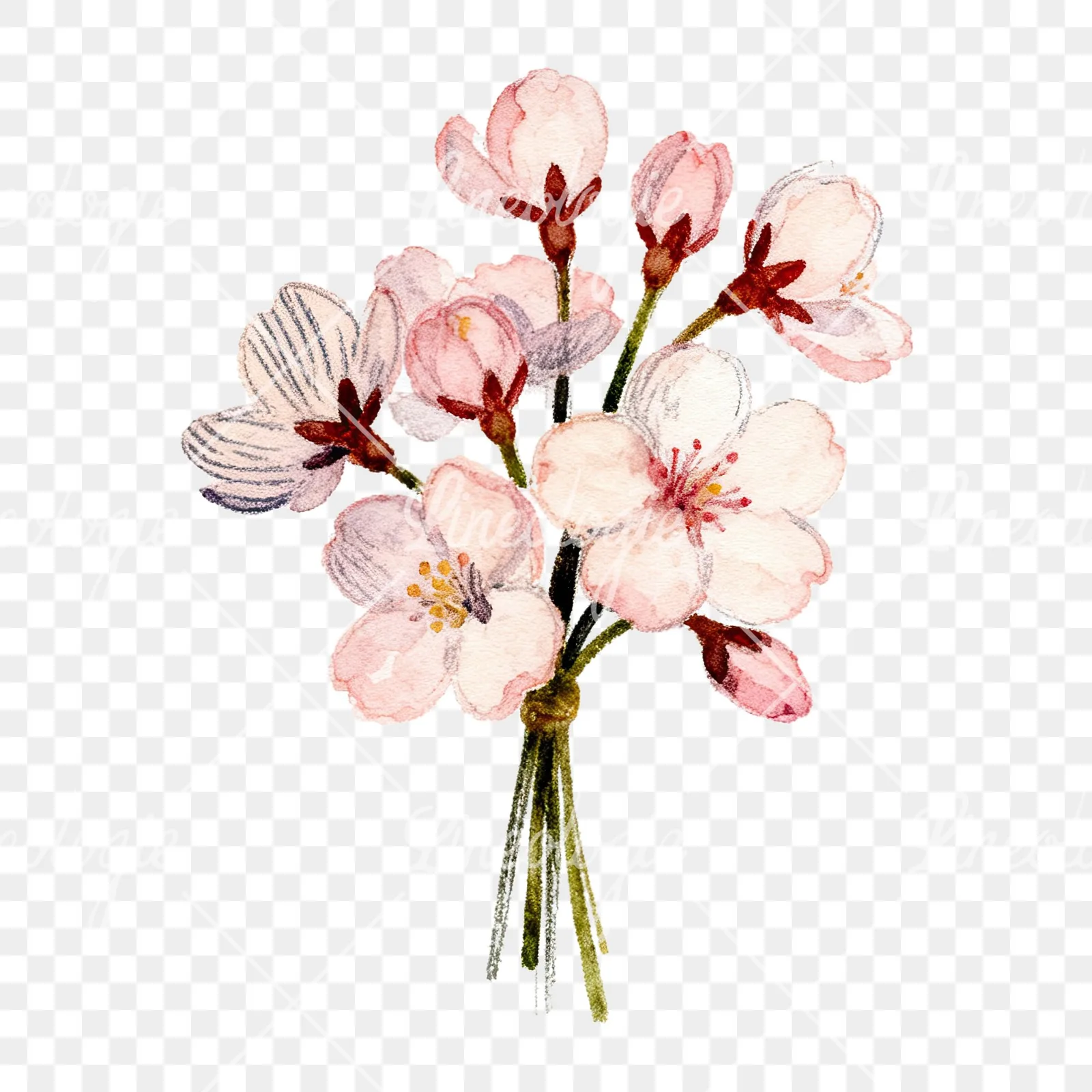 Watercolor purple and pink cherry blossom bouquet clipart 8 of 9 on a transparent background (PNG)