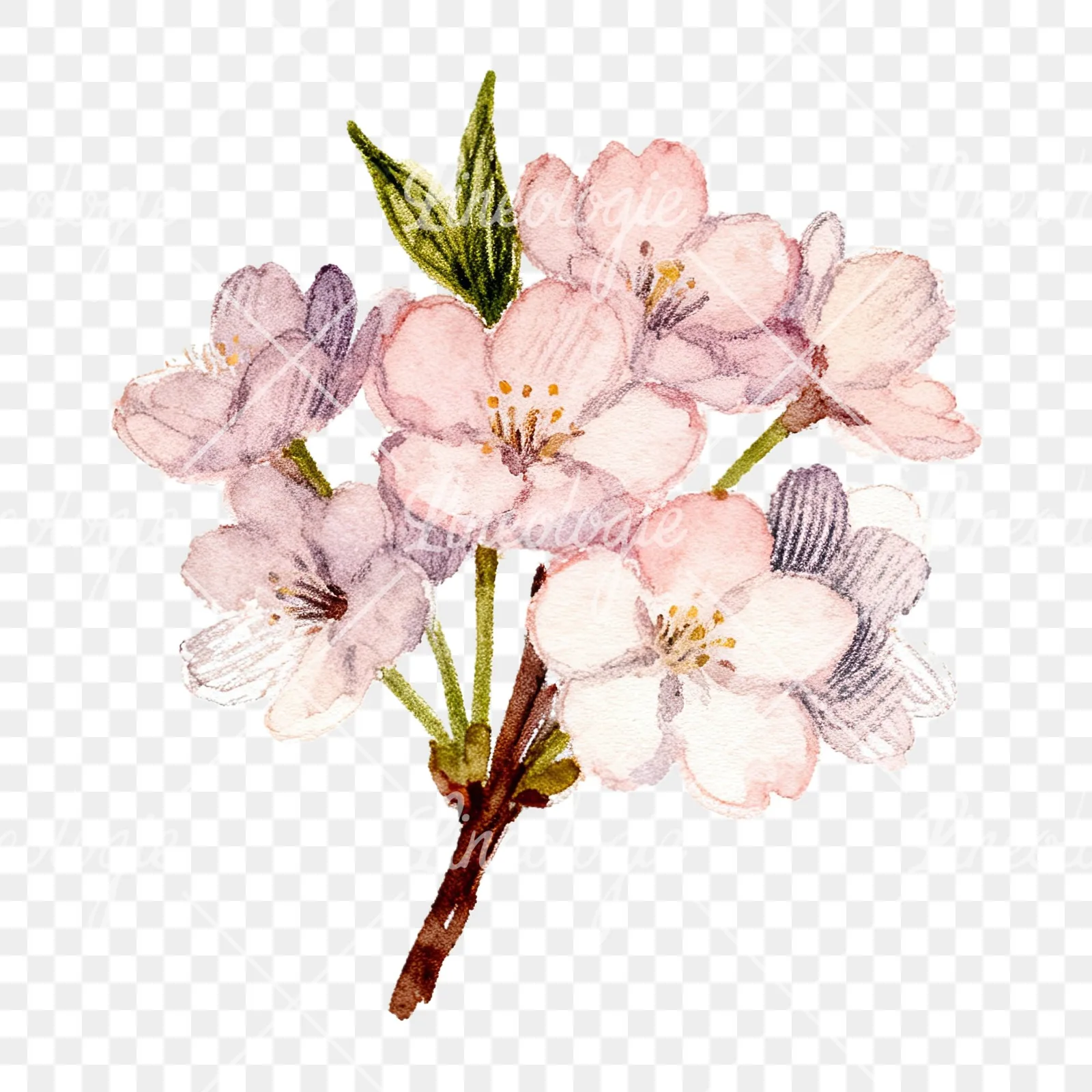 Watercolor purple and pink cherry blossom bouquet clipart 9 of 9 on a transparent background (PNG)