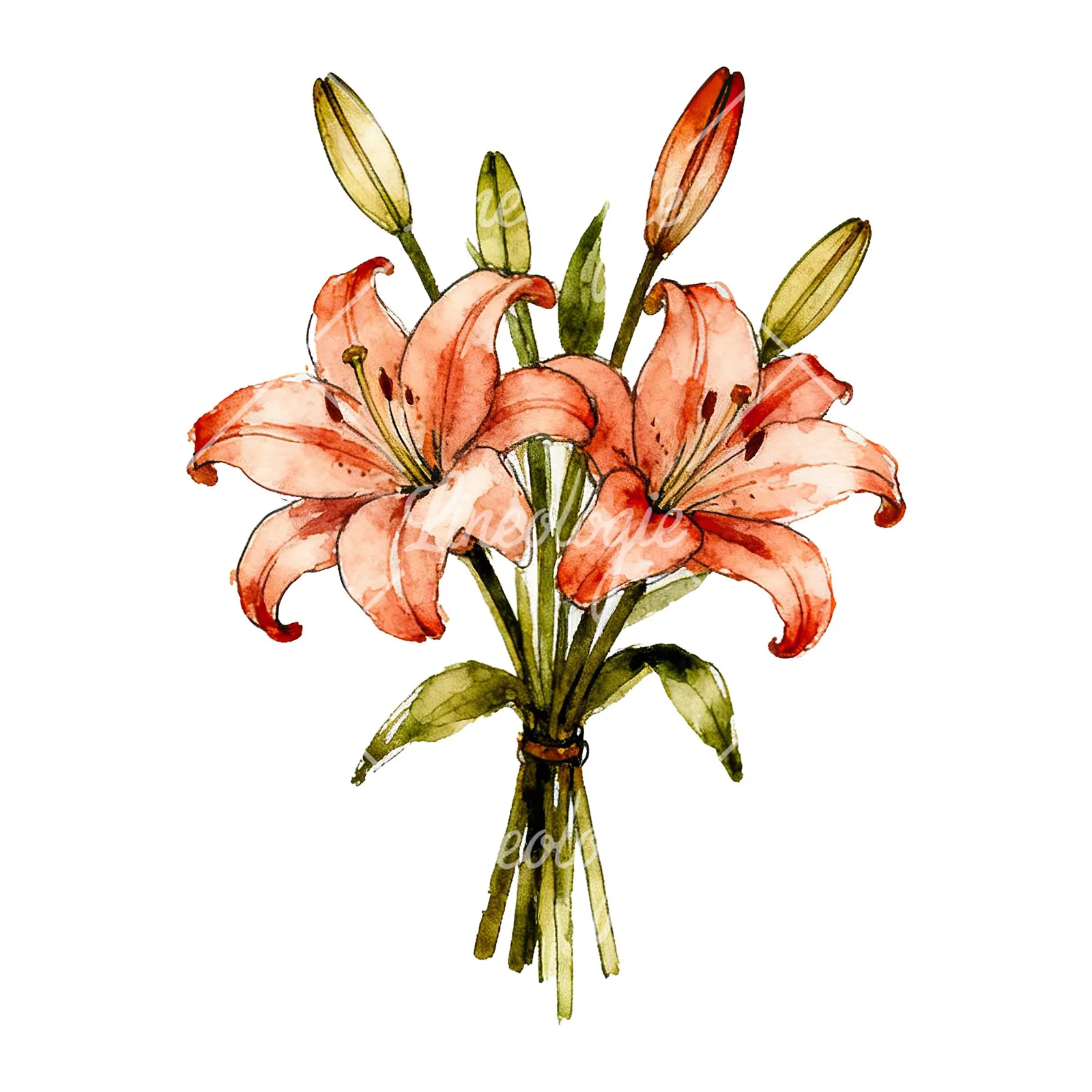 Watercolor colorful lily bouquet clipart 1 of 9 on a white background (JPG)