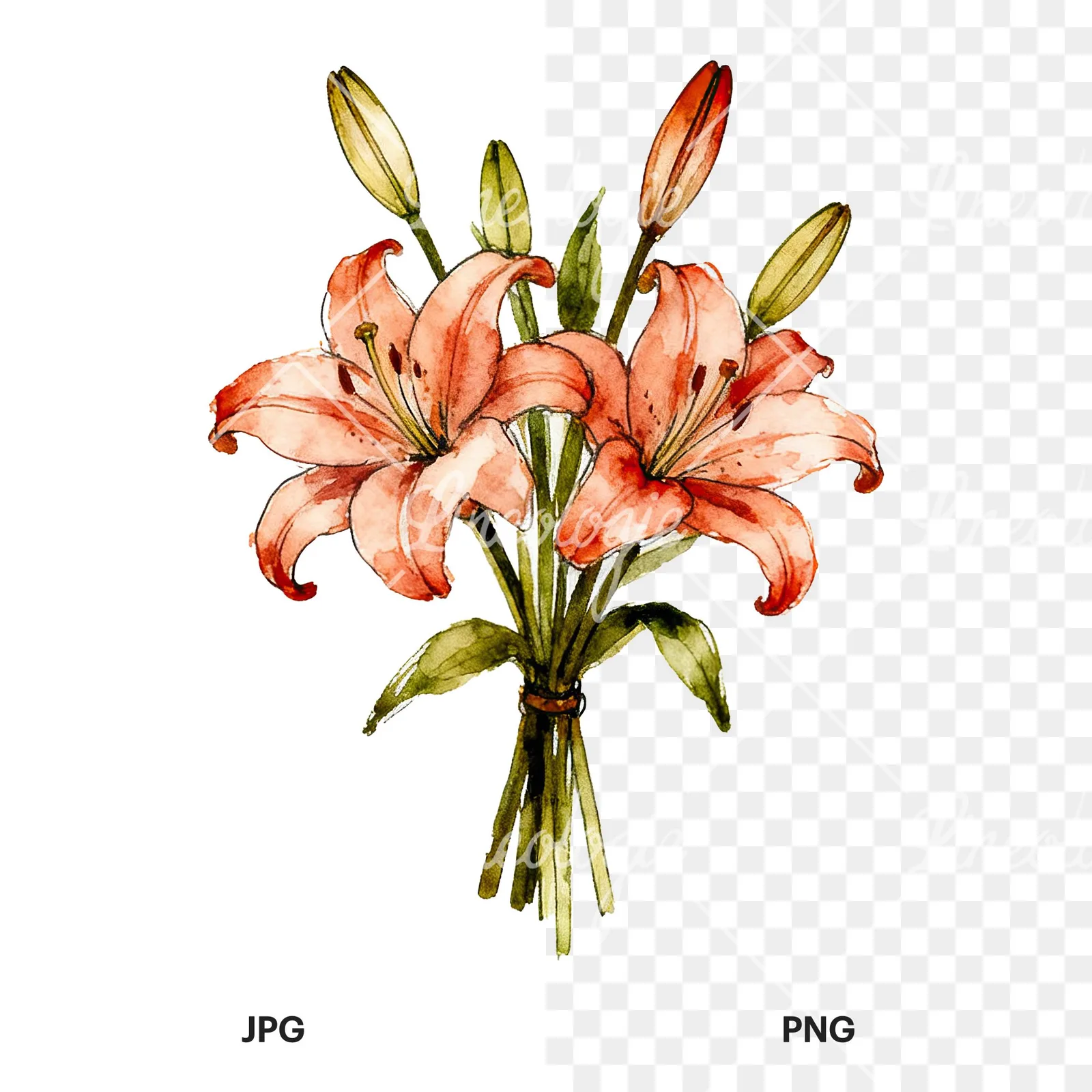 Watercolor colorful lily bouquet clipart 1 of 9, as a JPG on white and a transparent PNG