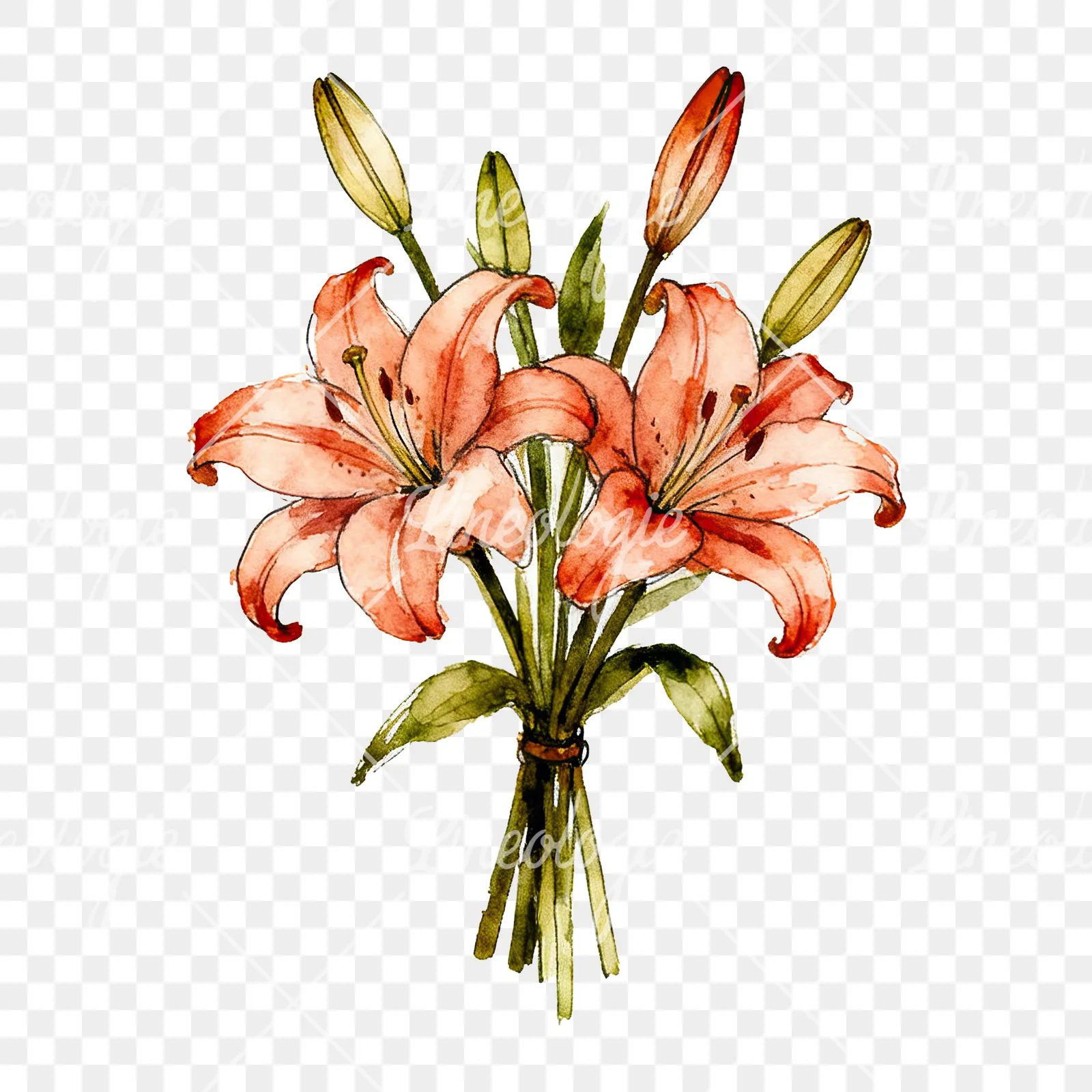 Watercolor colorful lily bouquet clipart 1 of 9 on a transparent background (PNG)