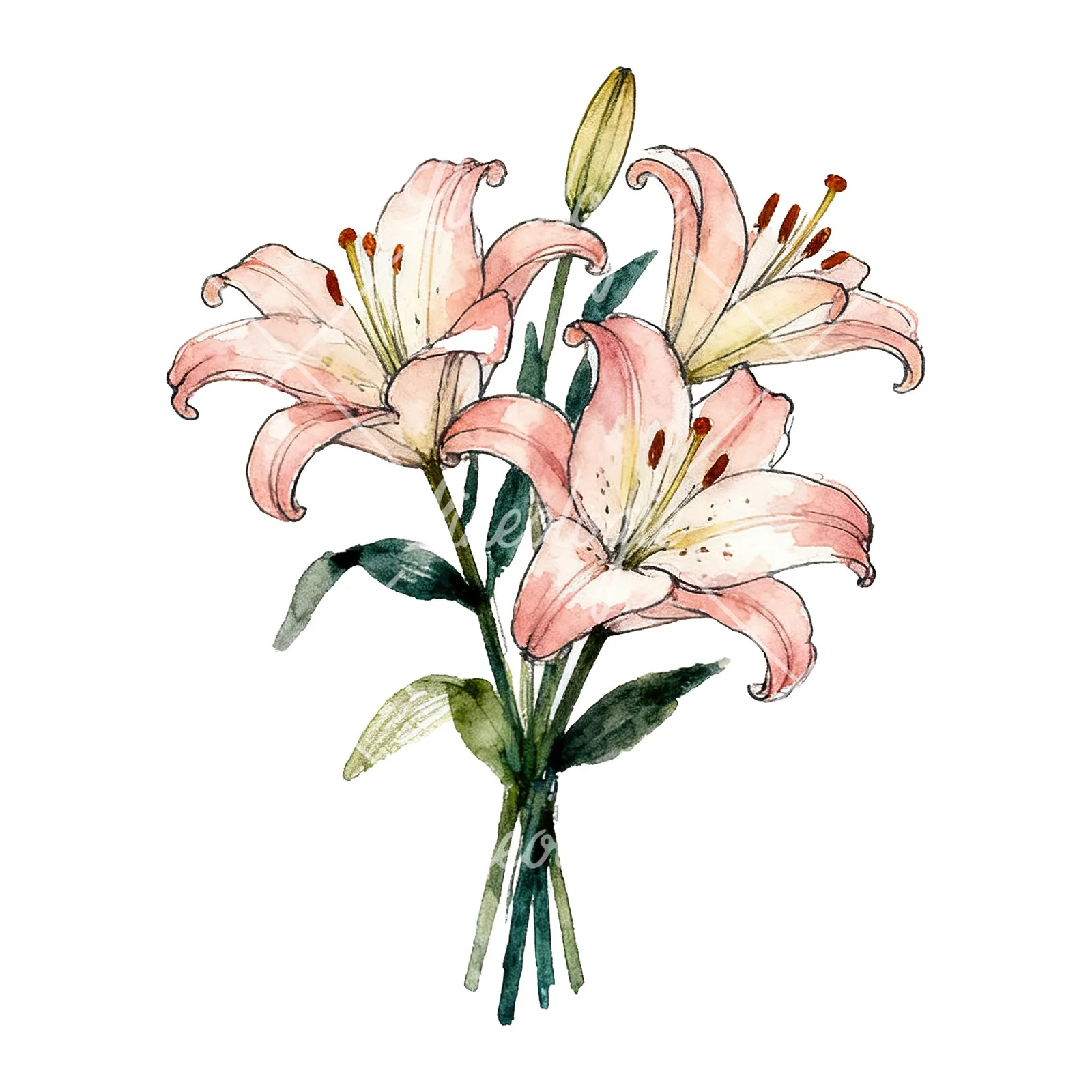 Watercolor colorful lily bouquet clipart 2 of 9 on a white background (JPG)