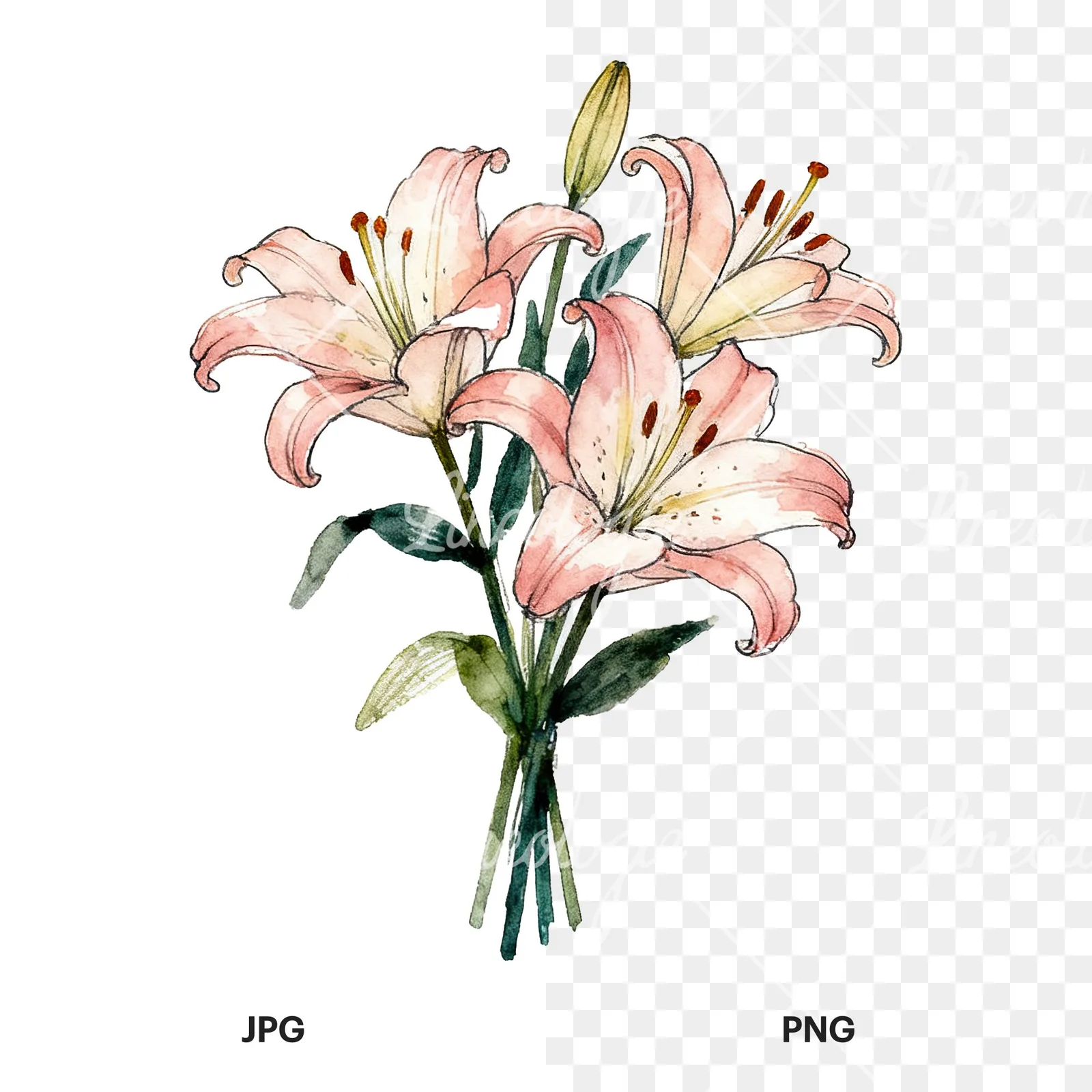 Watercolor colorful lily bouquet clipart 2 of 9, as a JPG on white and a transparent PNG
