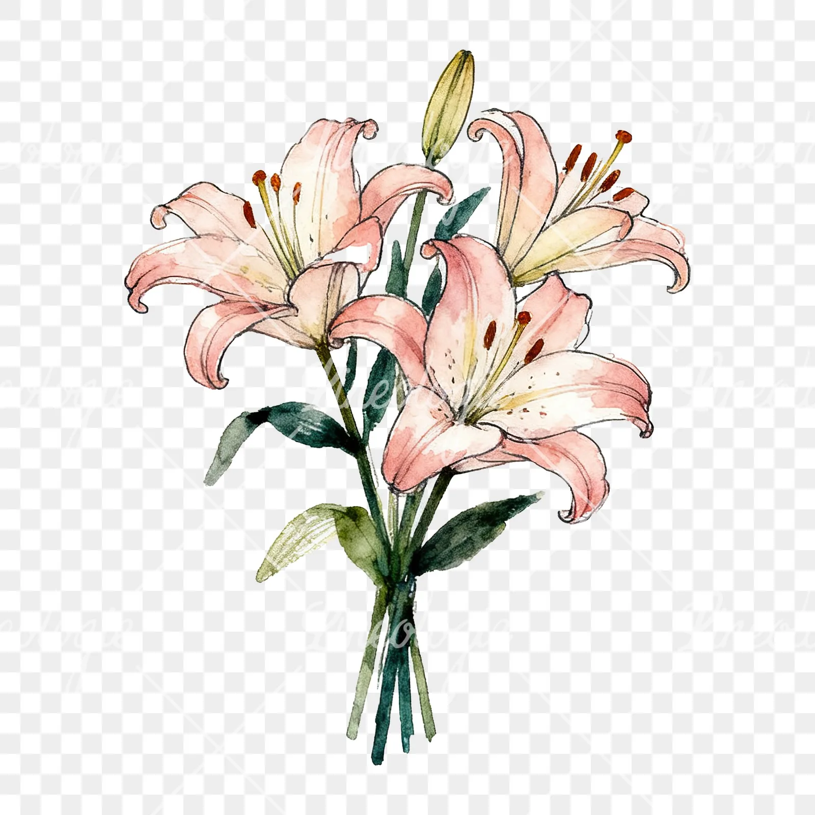Watercolor colorful lily bouquet clipart 2 of 9 on a transparent background (PNG)