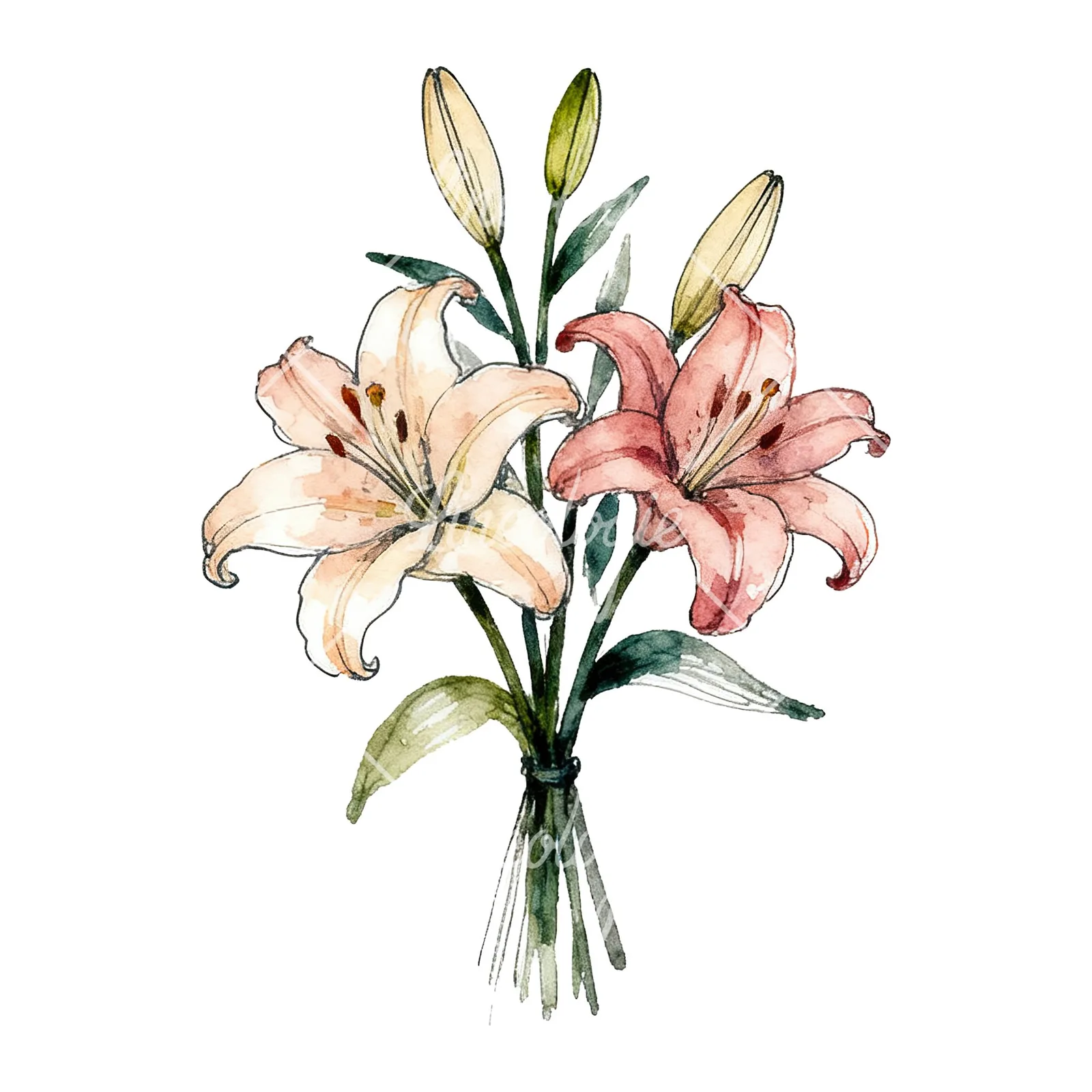 Watercolor colorful lily bouquet clipart 3 of 9 on a white background (JPG)