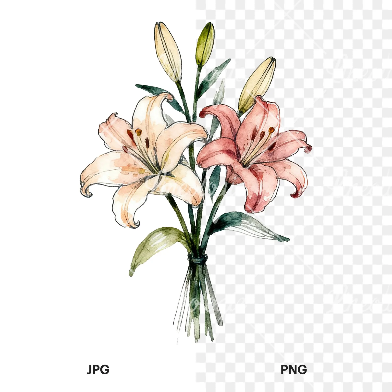 Watercolor colorful lily bouquet clipart 3 of 9, as a JPG on white and a transparent PNG