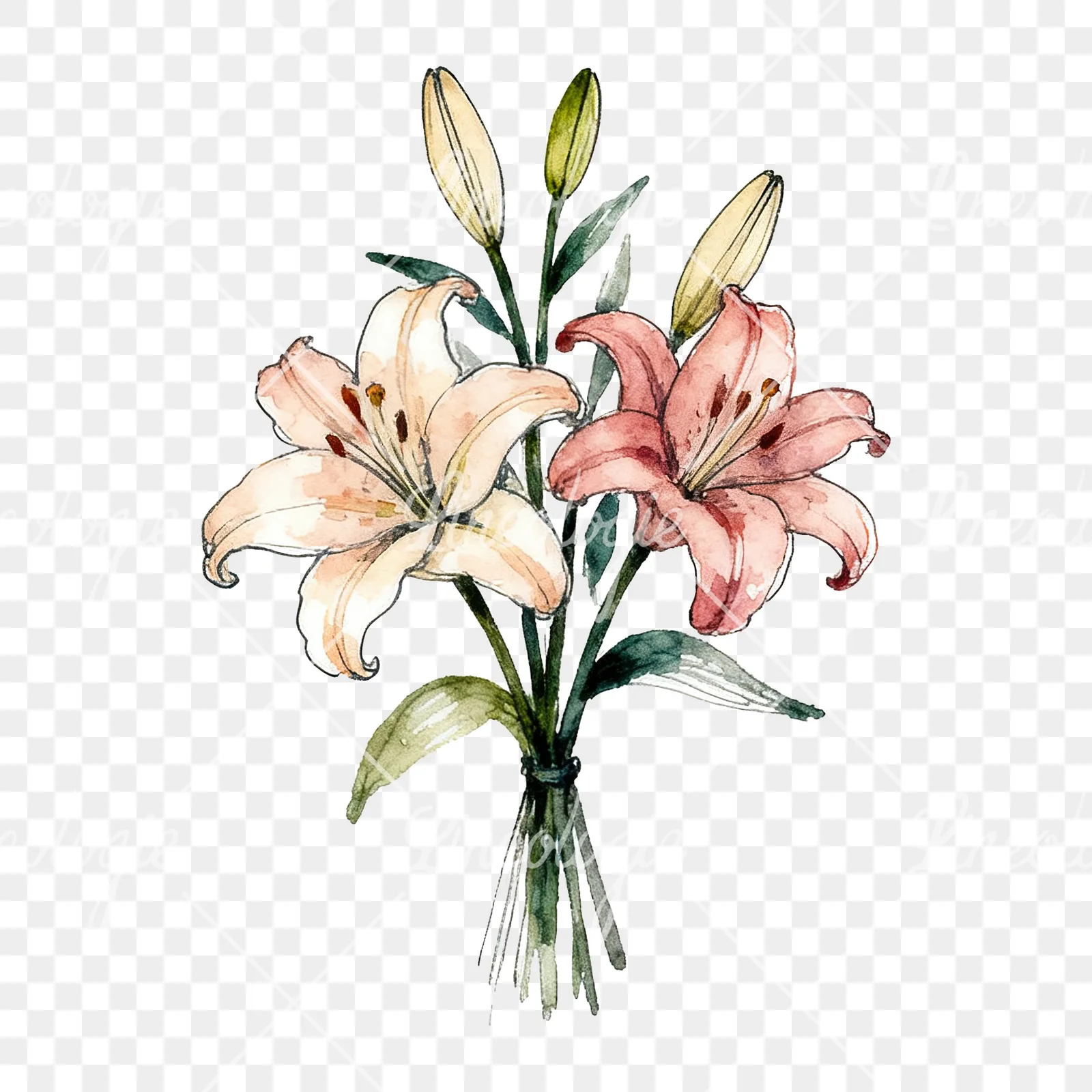 Watercolor colorful lily bouquet clipart 3 of 9 on a transparent background (PNG)