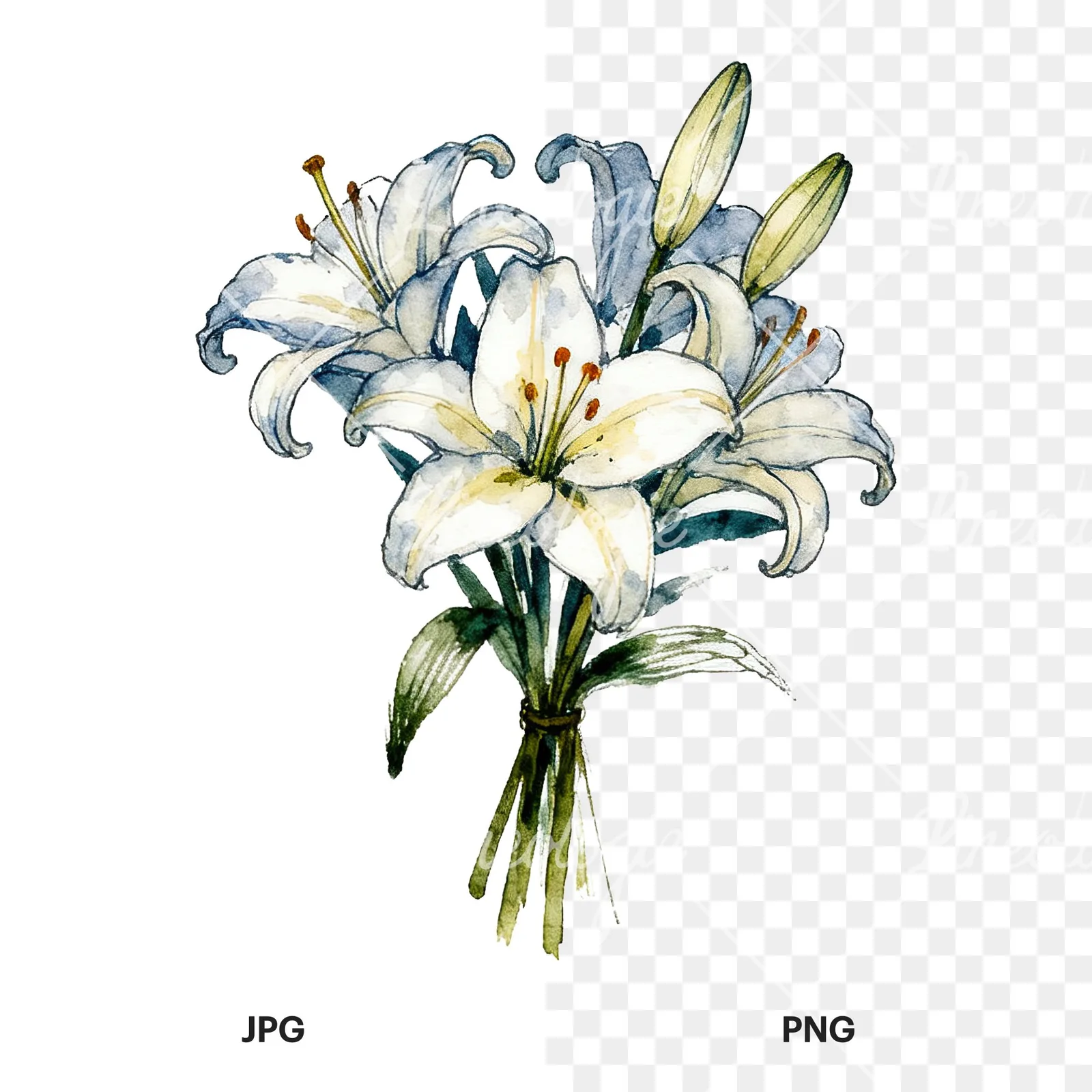 Watercolor colorful lily bouquet clipart 4 of 9, as a JPG on white and a transparent PNG