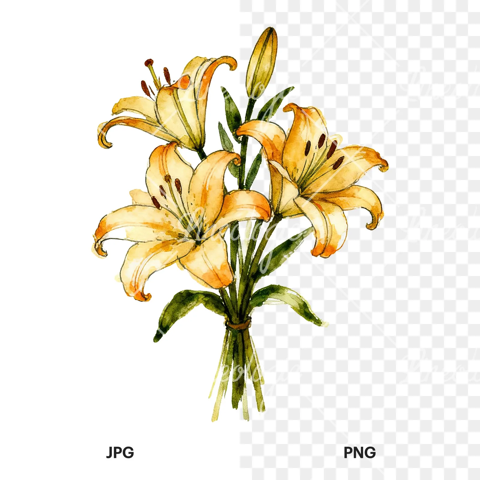 Watercolor colorful lily bouquet clipart 5 of 9, as a JPG on white and a transparent PNG