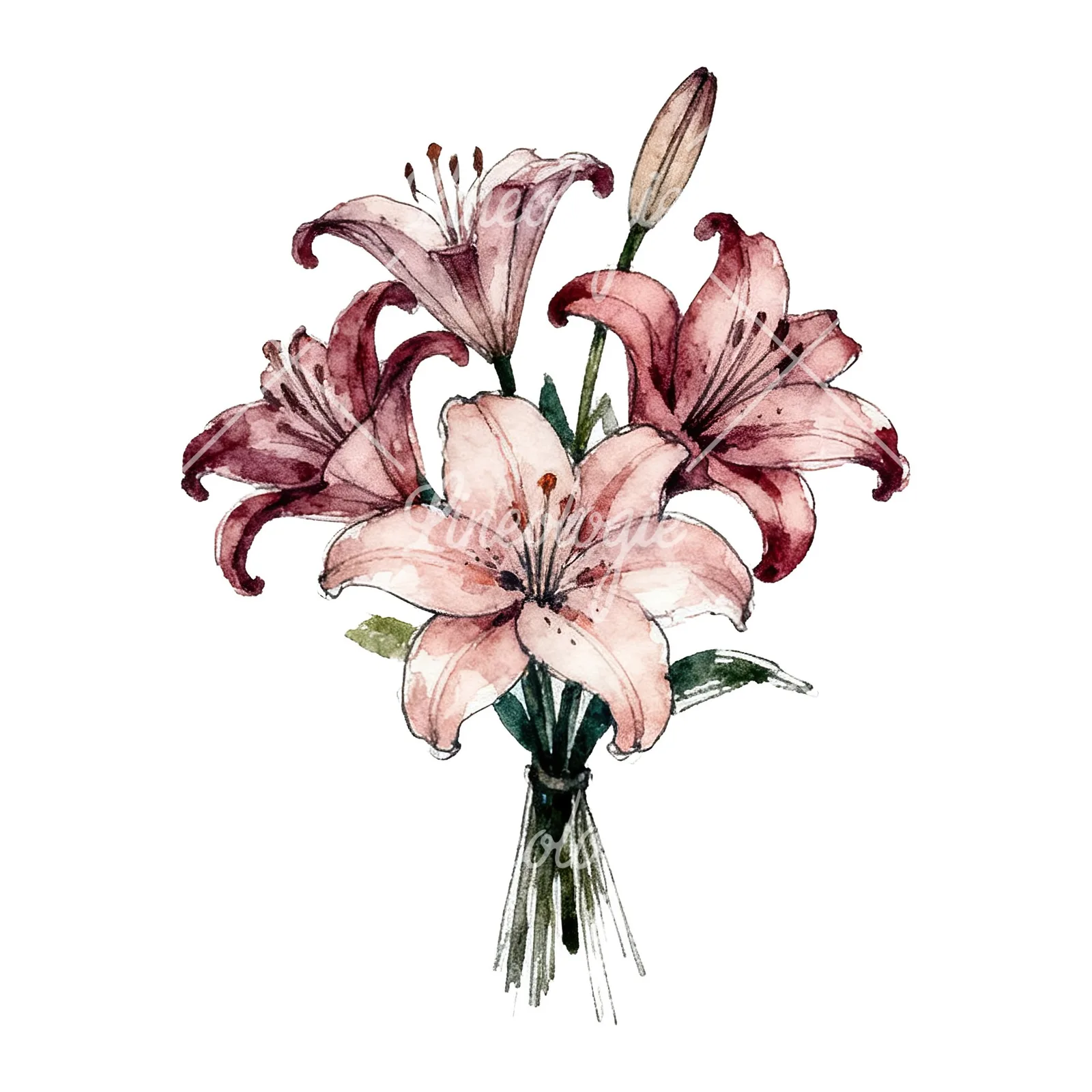 Watercolor colorful lily bouquet clipart 6 of 9 on a white background (JPG)