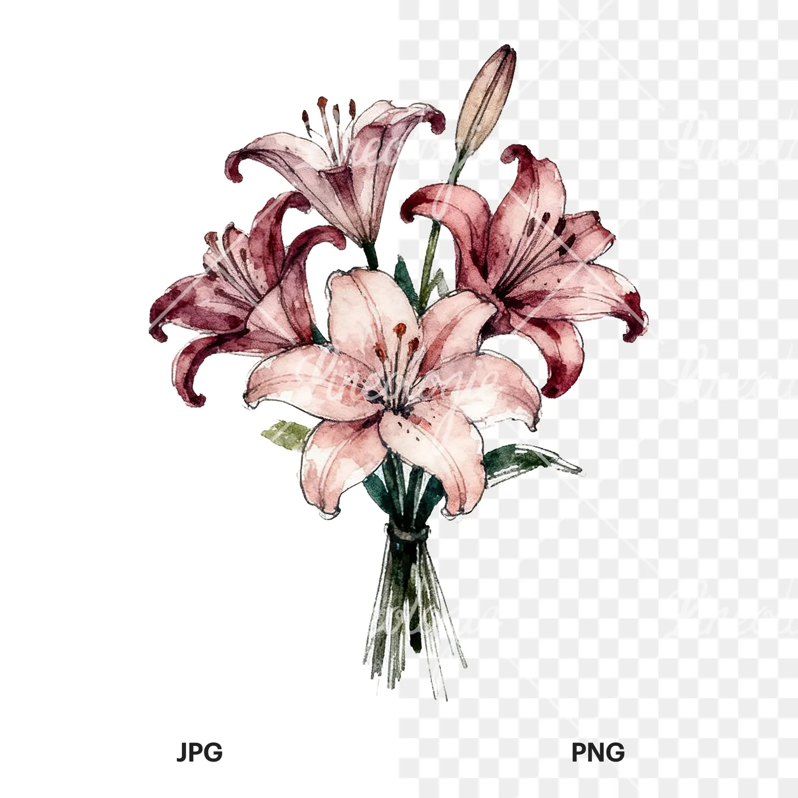 Watercolor colorful lily bouquet clipart 6 of 9, as a JPG on white and a transparent PNG