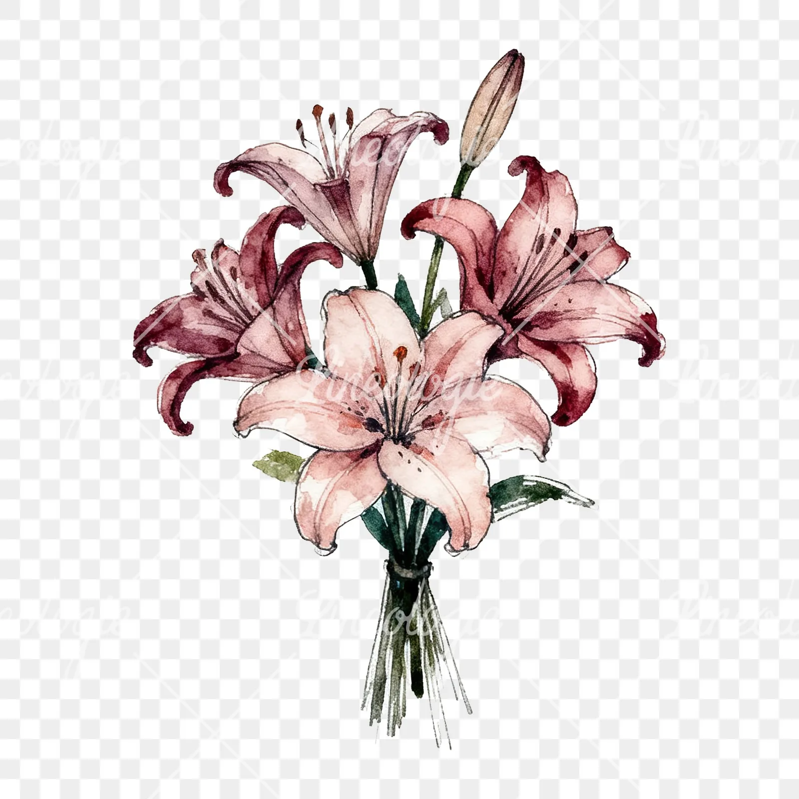 Watercolor colorful lily bouquet clipart 6 of 9 on a transparent background (PNG)