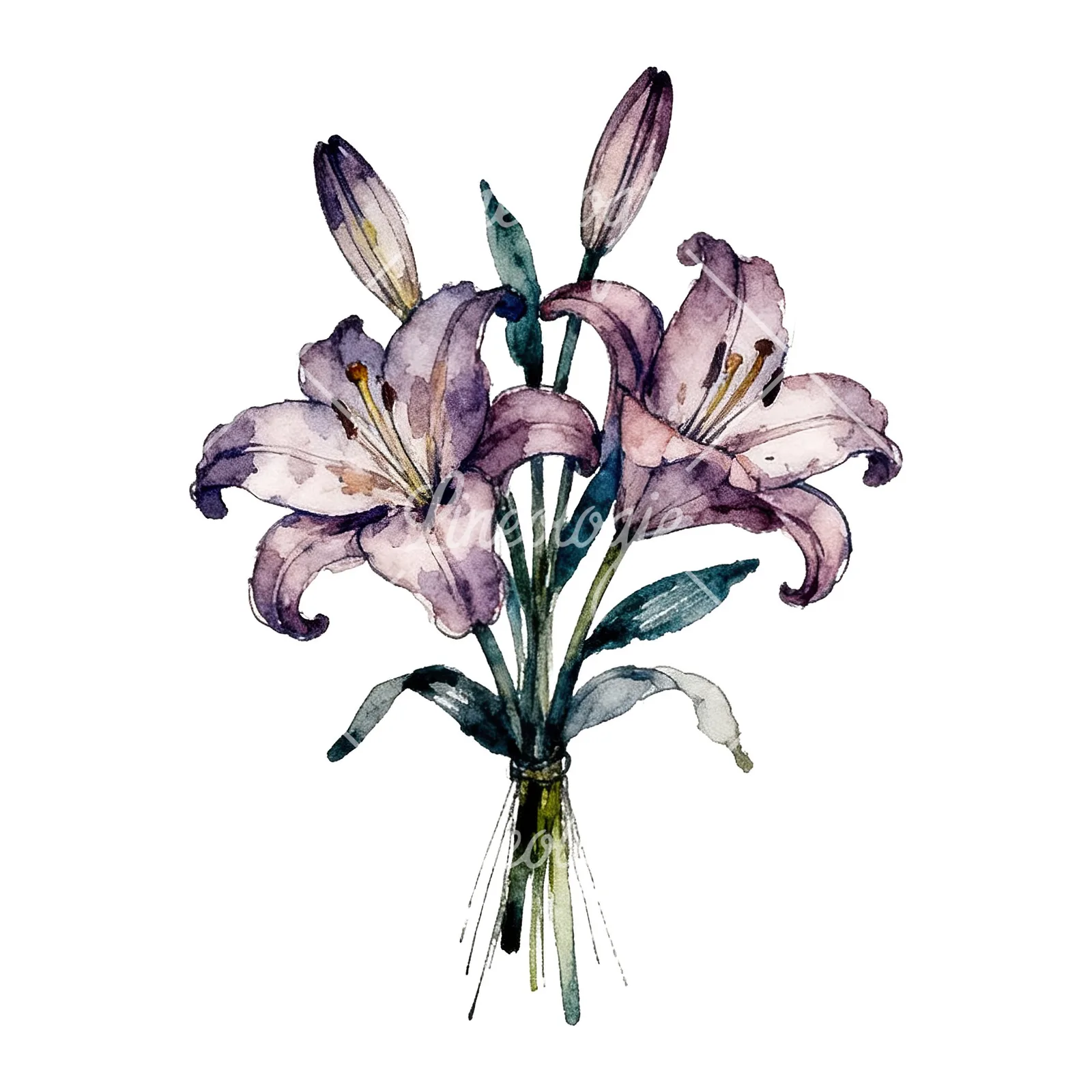 Watercolor colorful lily bouquet clipart 7 of 9 on a white background (JPG)