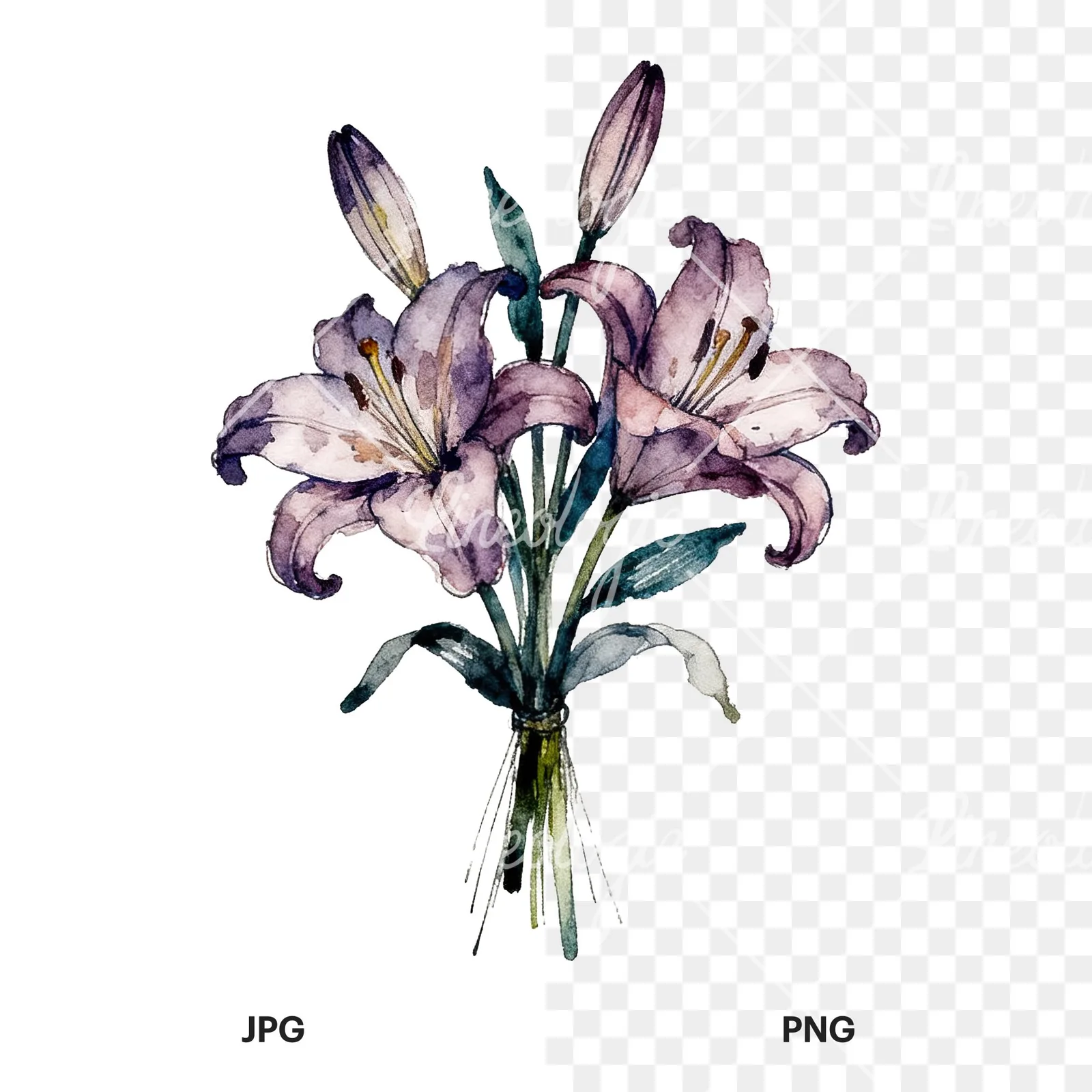 Watercolor colorful lily bouquet clipart 7 of 9, as a JPG on white and a transparent PNG