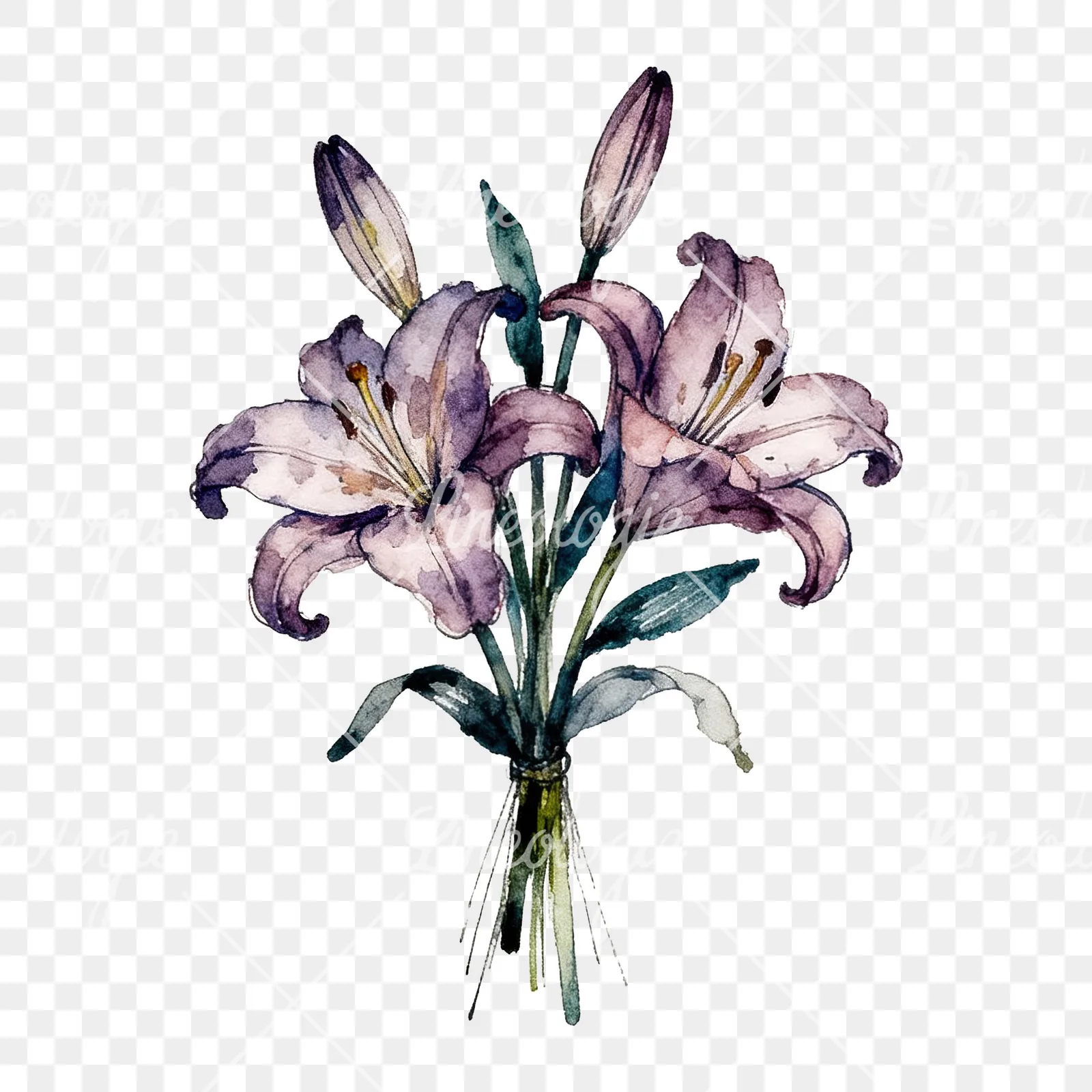 Watercolor colorful lily bouquet clipart 7 of 9 on a transparent background (PNG)