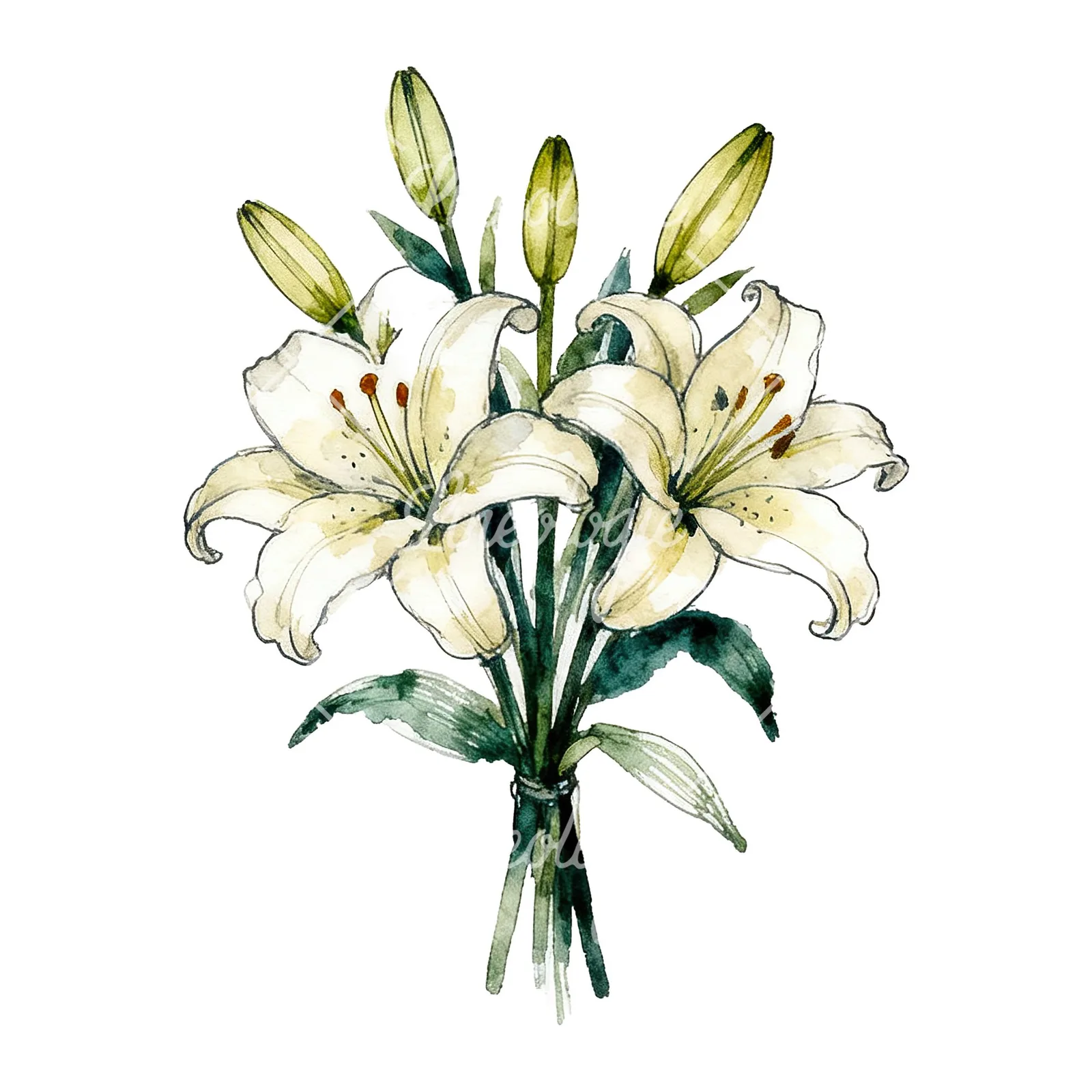 Watercolor colorful lily bouquet clipart 8 of 9 on a white background (JPG)