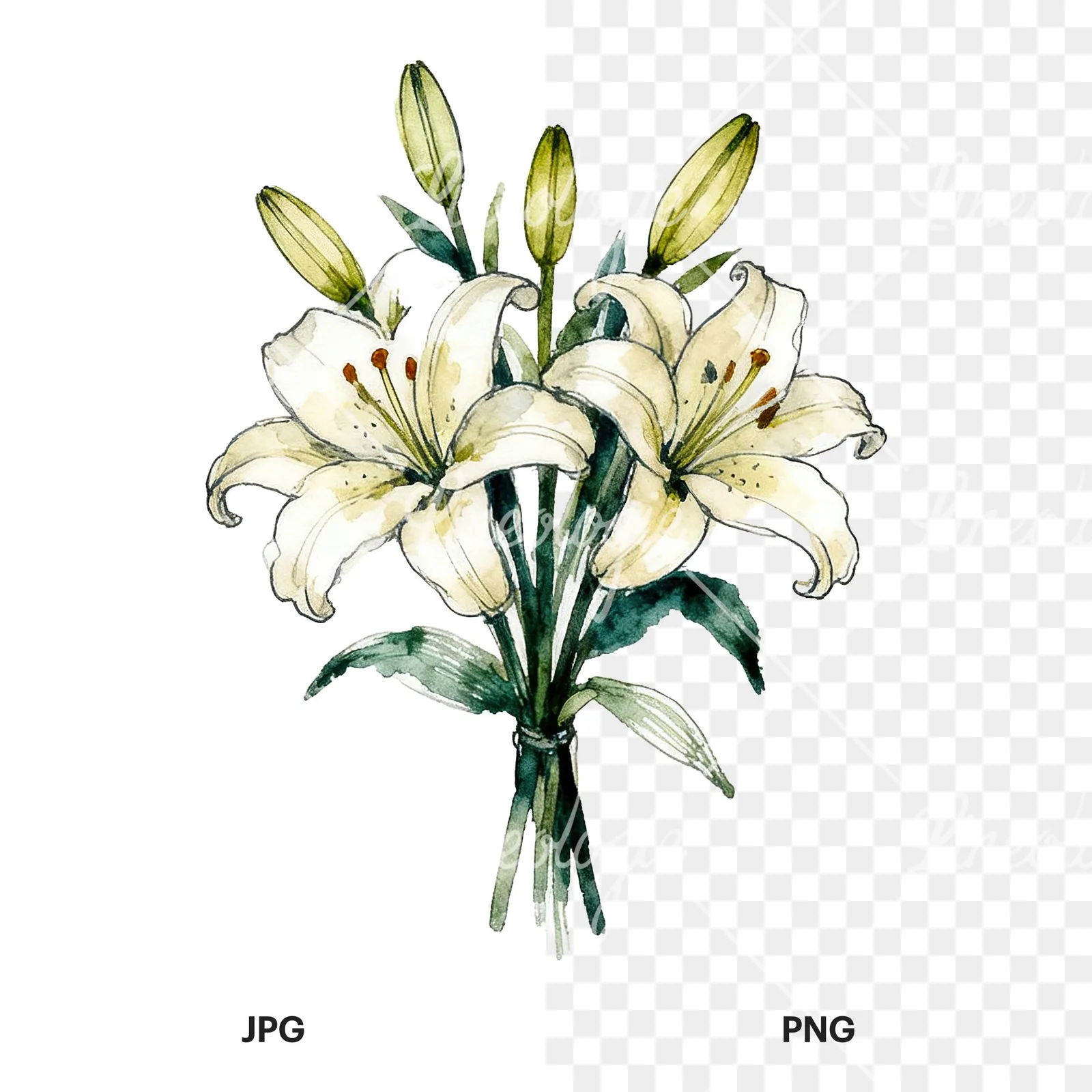 Watercolor colorful lily bouquet clipart 8 of 9, as a JPG on white and a transparent PNG