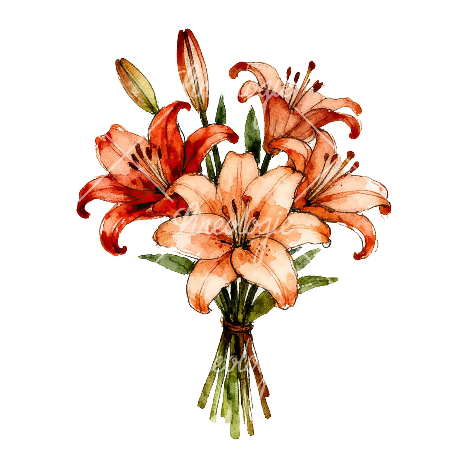 Watercolor colorful lily bouquet clipart 9 of 9 on a white background (JPG)