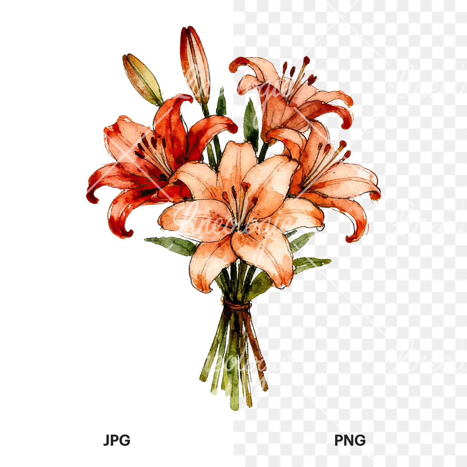 Watercolor colorful lily bouquet clipart 9 of 9, as a JPG on white and a transparent PNG